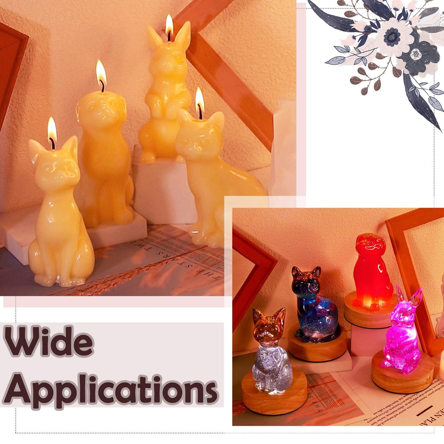 Gythara 4 pcs Cute Animal Theme Silicone Candle Mold with Base Pet Cat Dog Rabbit Cartoon Mold for DIY Party Epoxy Resin Wax Plaster Casting Soap Candy Craft Making Decoration