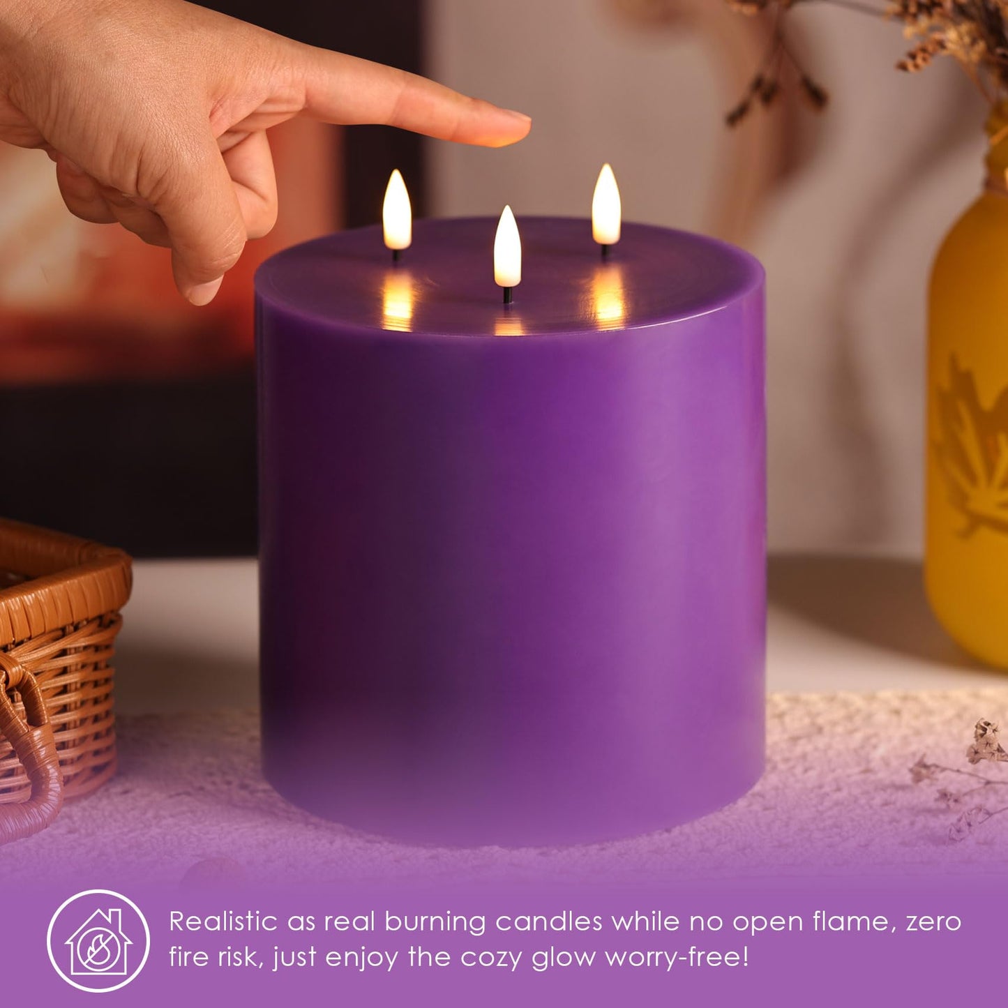 Eywamage 3 Wick Flameless Candle with Remote, Large Purple Candle, Real Wax Flickering LED Pillar Candle Φ 6" H 6"