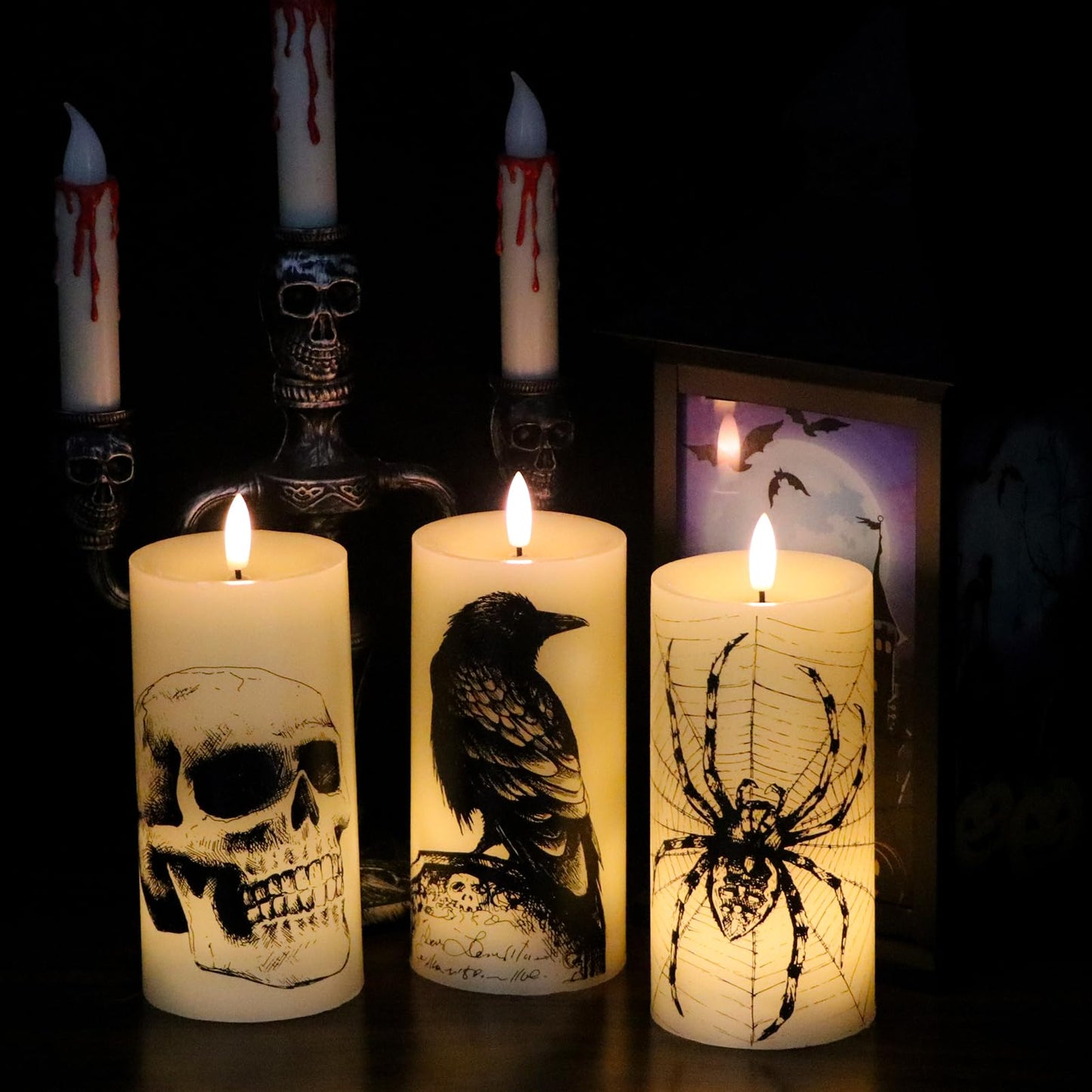 Lasumora Halloween Decorations Flameless Candles with Remote Timer - Skull, Spider Web, Crow Raven Decals Set of 3, Battery Operated Halloween Decor Indoor LED Candle Horror Gothic Punk Real Wax