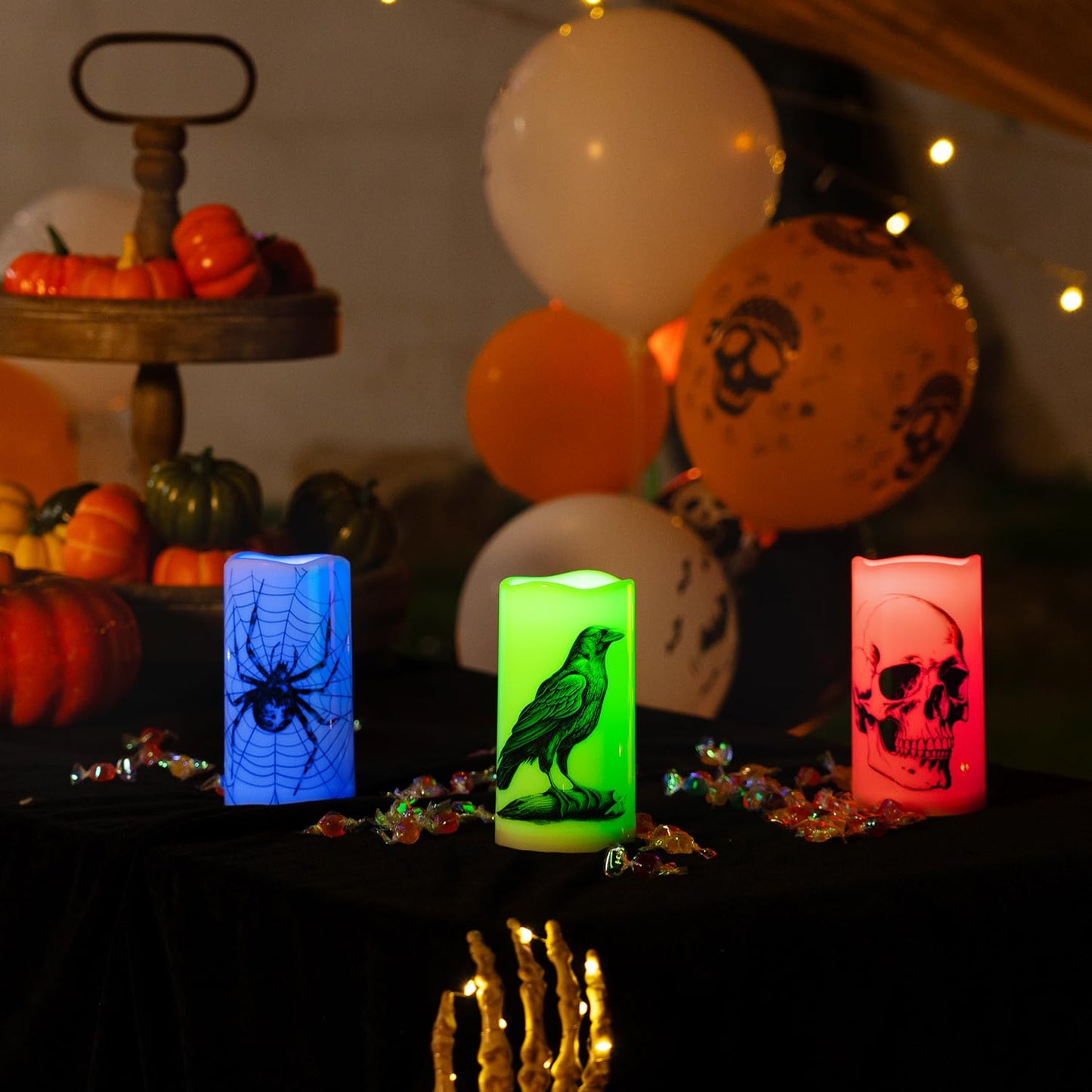 Homemory Halloween Candles, Color Changing Flameless Candle, Battery Opeated Candle, Outdoor Waterproof Plastic Candle with Remote and Timers, Skull, Crow, Spider, 13 Colors, Set of 3