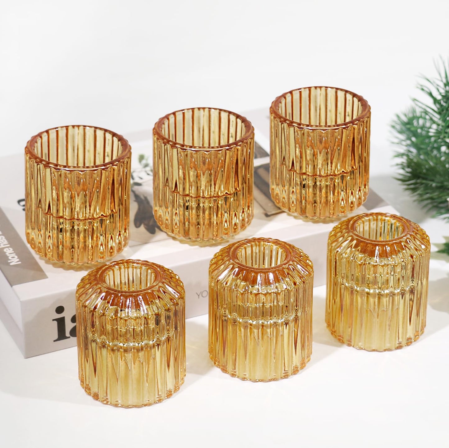CHOCSTAY Reversible Amber Glass Candle Holder Set of 6, Thick Heat-Resistant Glass Candlestick Holders for Taper, Tealight, Votive, LED Candles, Perfect for Wedding, Party, Home Décor