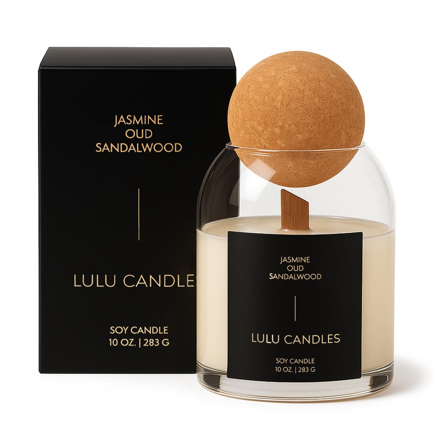 Lulu Candles | Jasmine, Oud & Sandalwood | Luxury Scented Soy Jar Candle | Hand Poured in The USA | Highly Scented Long Lasting | Wood Wick (10 Oz. Cork)