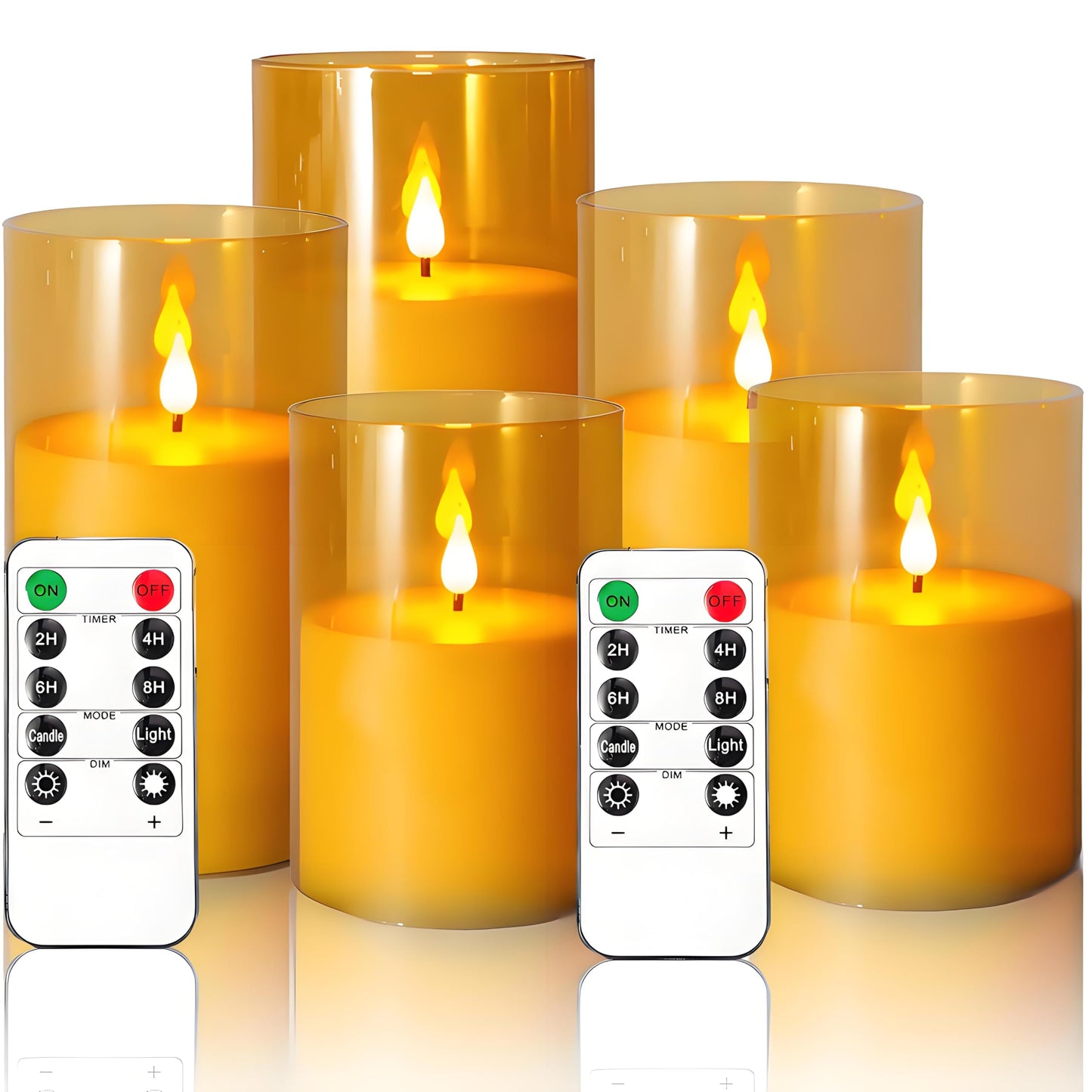 NICEME Amber Flickering Flameless Candles Battery Operated Acrylic LED Pillar Candles with Remote Control and Timer Flameless Halloween Candles for Thanksgiving Christmas New Year Home Decor, Set of 5