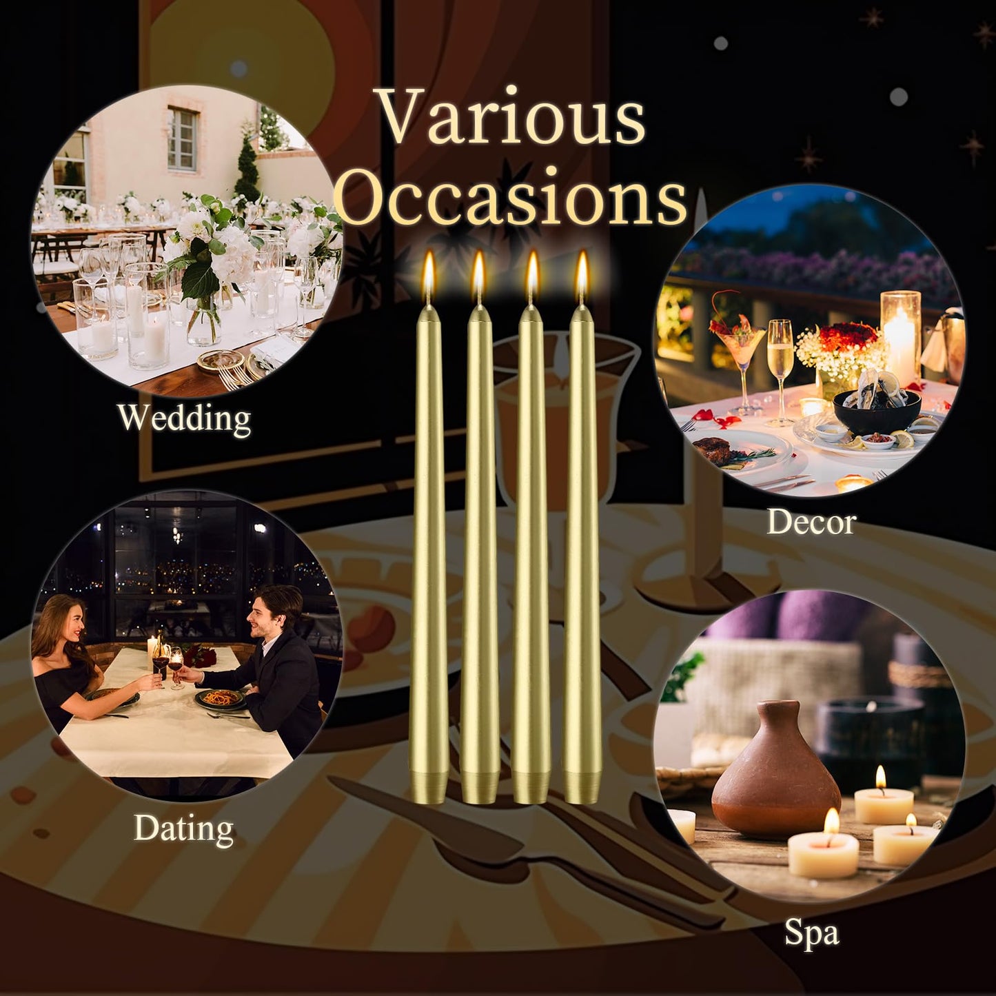 MTLEE 16 Pcs 10 Inch Long Tapered Candle Stick Bulk Smokeless Unscented Burning Candlestick Paraffin Wax with Cotton Wick for Dinner Valentine Wedding Birthday Anniversary Party Church(Warm Golden)