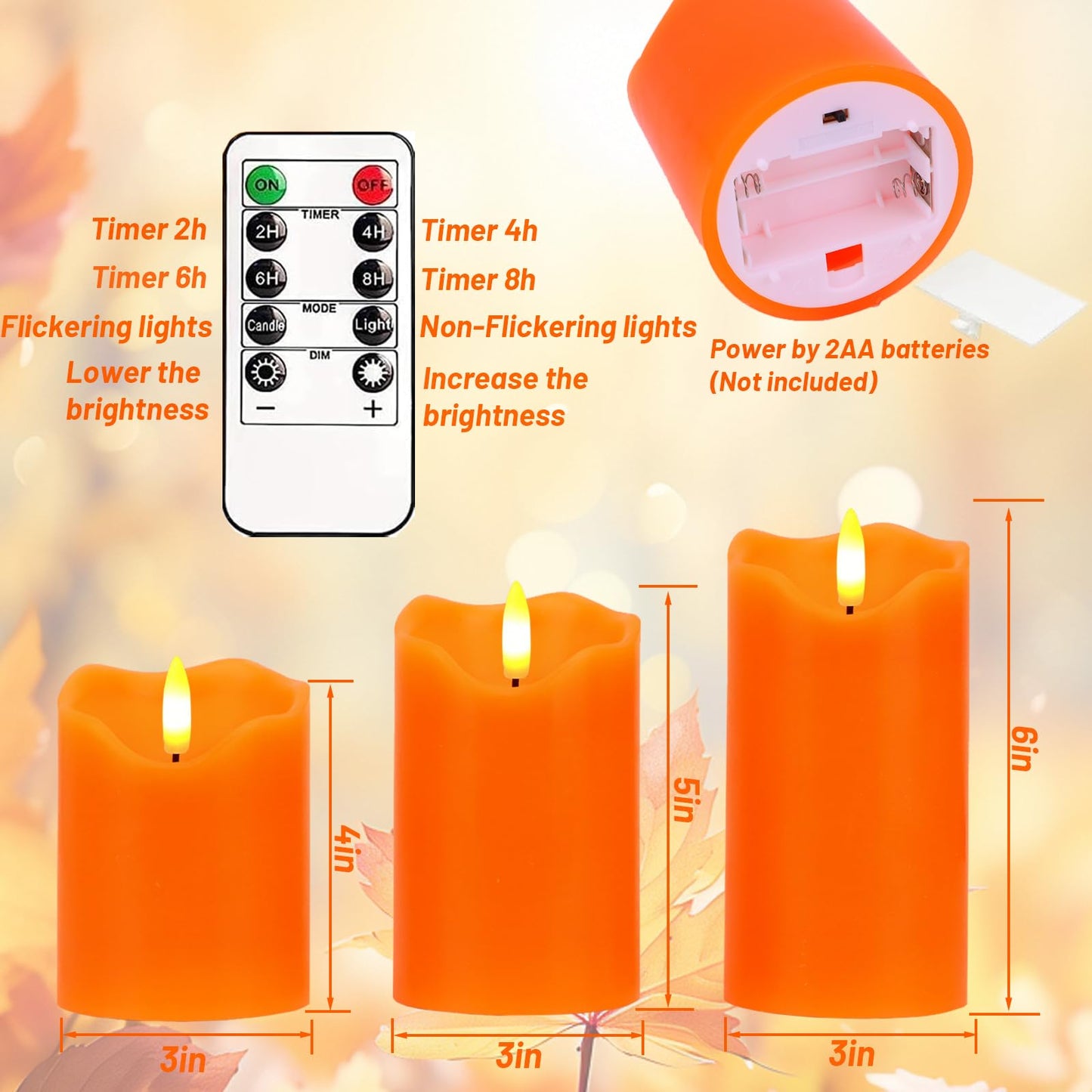 AVEKI Flickering Flameless Candles Set of 3 Orange LED Candle Light with Remote & Timer Battery Operated Electric Pillar Real Wax Candle Dimmable Fake Candles for Home Falll Halloween Decor (Orange)