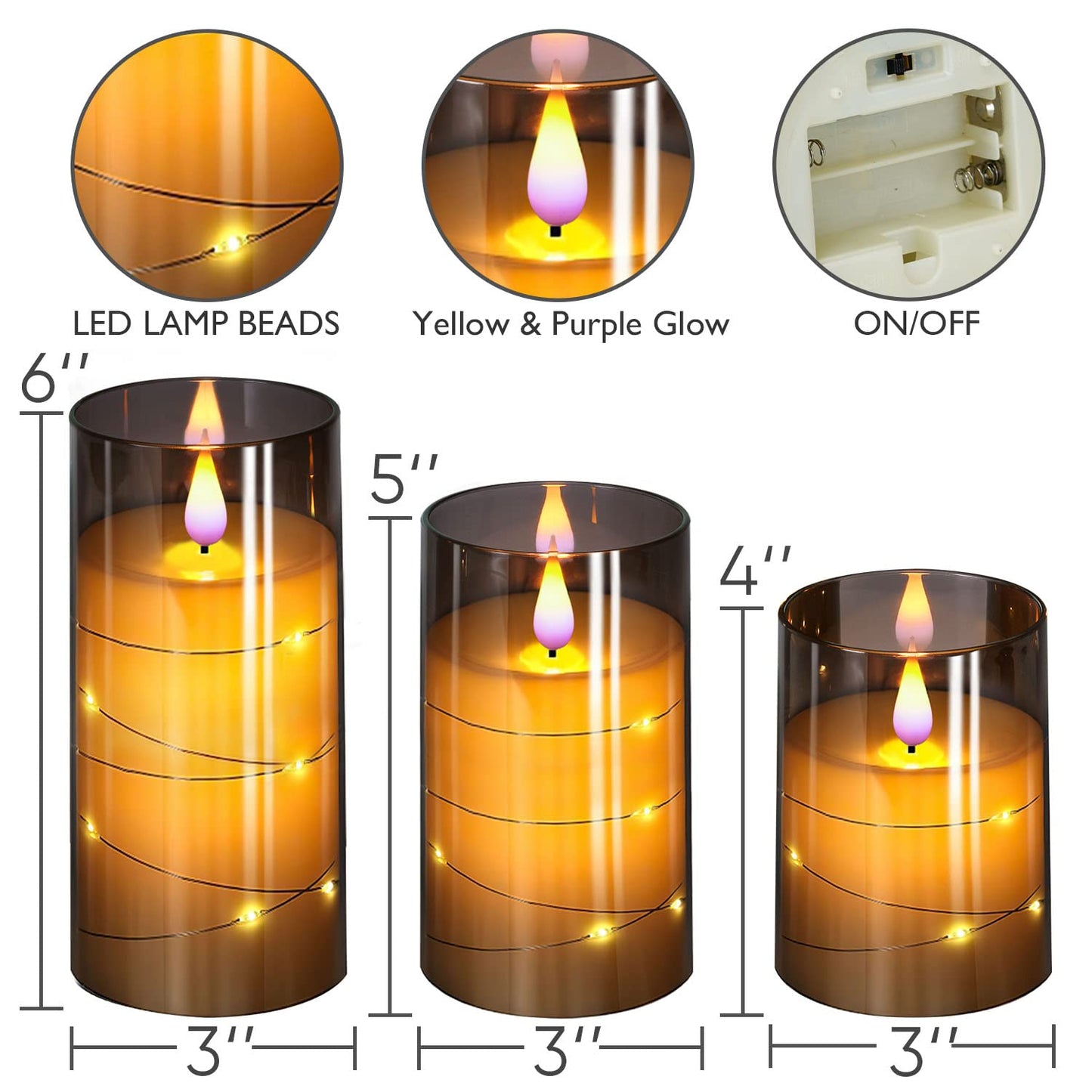 Homemory Flickering Flameless Candles with String Lights, Battery Operated Candles, Embedded String Lights LED Candles, Unbreakable Plexiglass with Remote, Set of 3, Grey