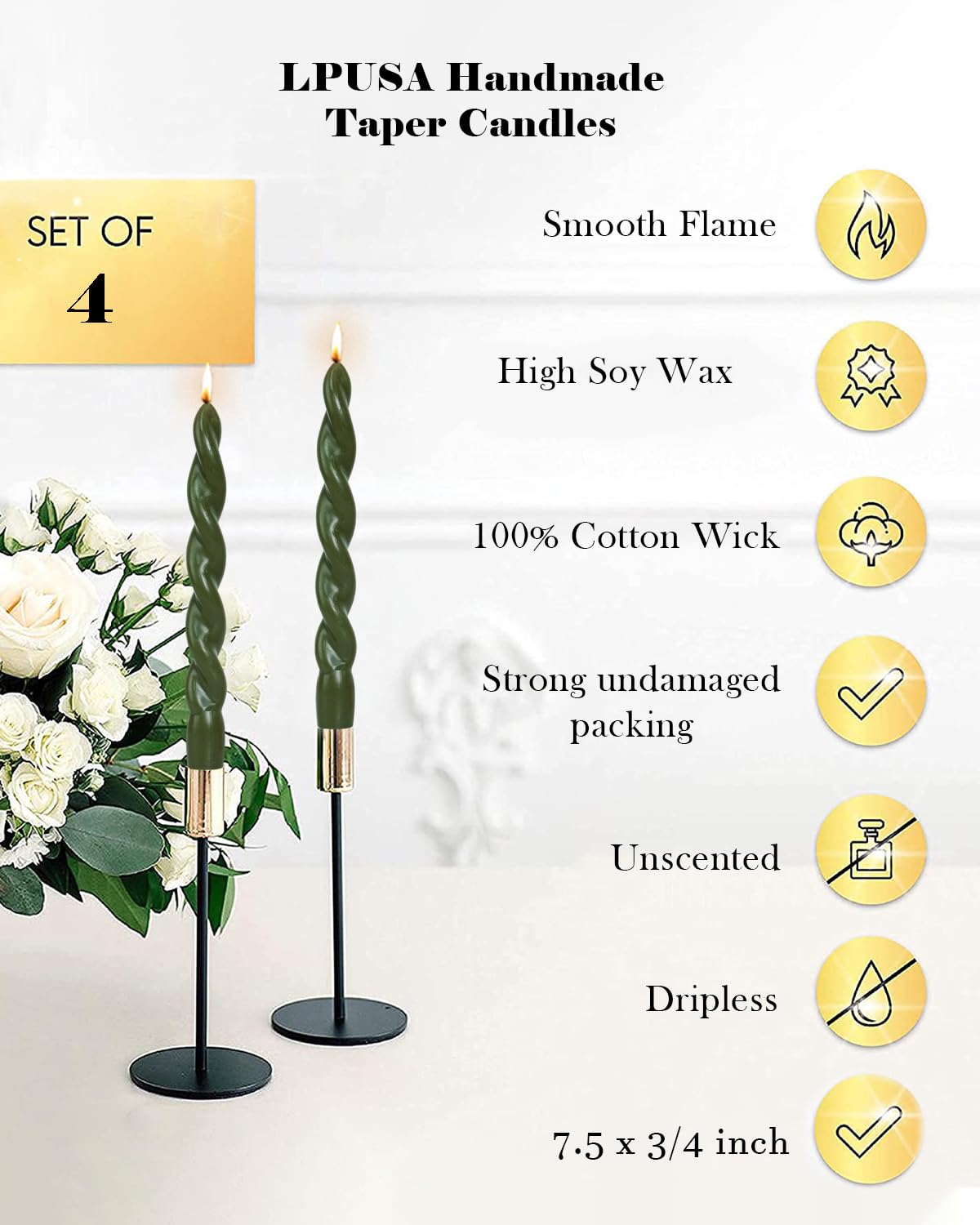 Olive Green Spiral Taper Candle Twisted Candlesticks Unscented Smokeless for Holiday Dinner Party Christmas Decorations-7.5inch-4pack