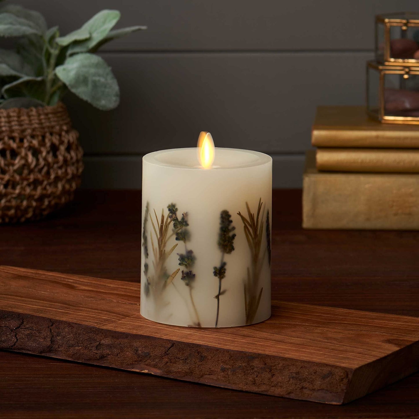 Luminara Realistic Artificial Moving Flame Pillar Candle with Lavender & Rosemary Inclusion - Moving Flame LED Battery Operated Lights - Remote Ready - Remote Sold Separately - 3.25" x 4.5"