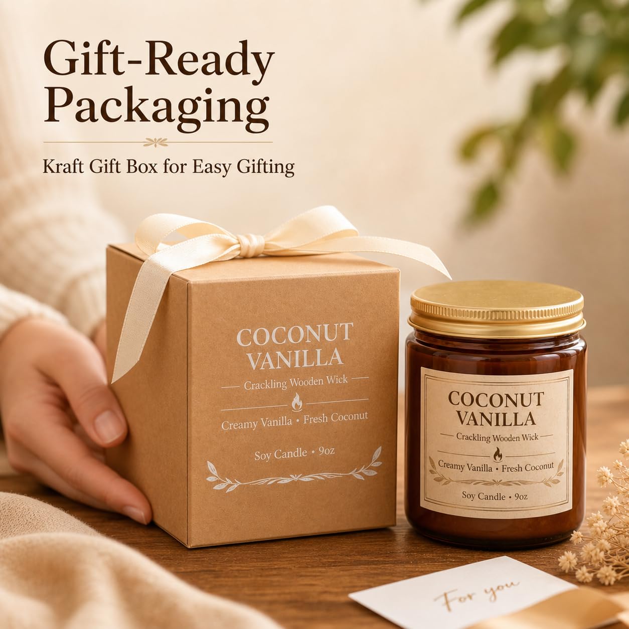 Coconut Vanilla Scented Candles for Home, 9oz Long Burning Soy Candles for Women, Wood Wick Natural Non Toxic Candle Jar, Aromatherapy Candle Gift for Home Bedroom Bathroom Office