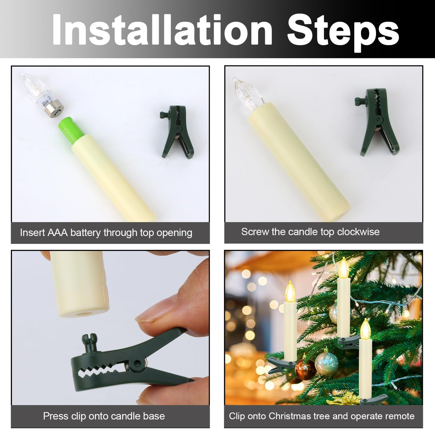 TECHLONG 30 PCS Flickering Christmas Tree Candle Lights, Clip on Candles for Christmas Tree Battery Operated with Remote Timer, Flameless LED Window Candles for Home Christmas Party Decoration