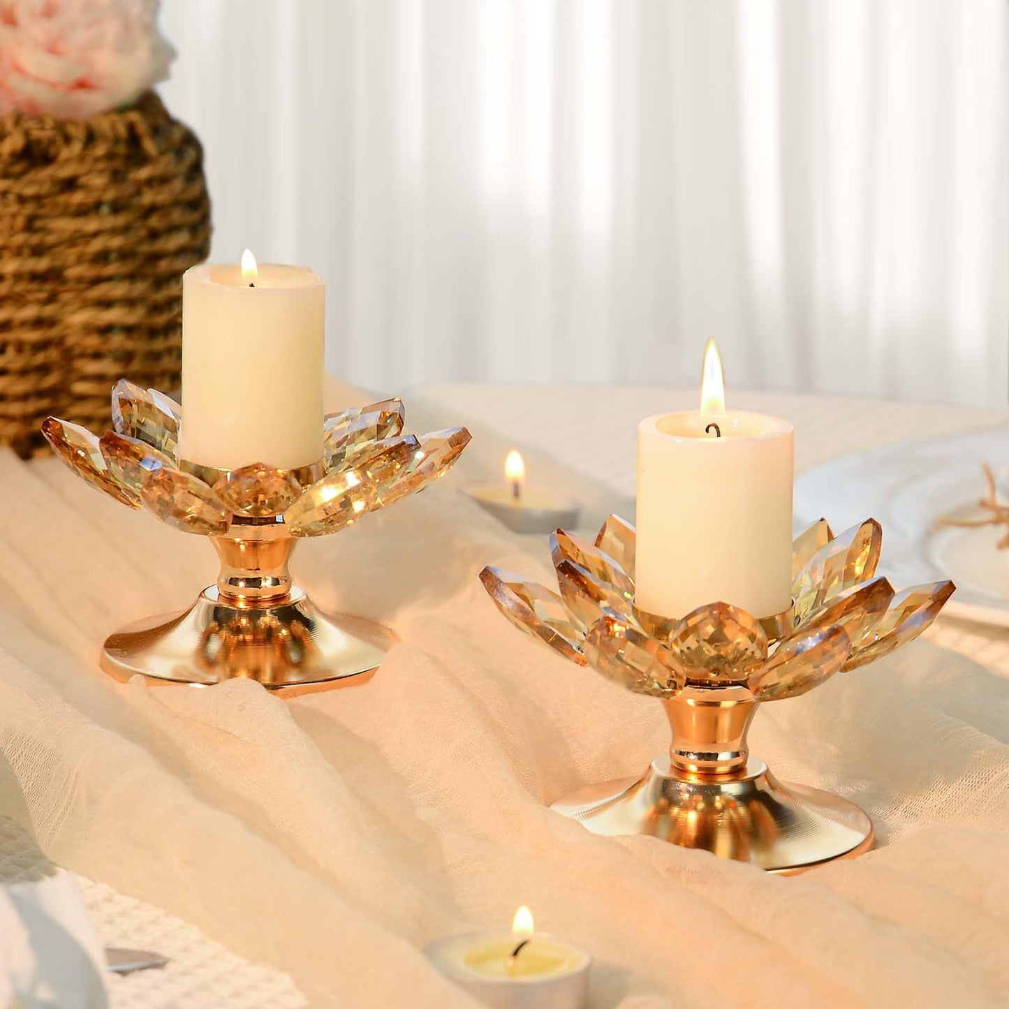 2 PCS Gold Crystal Flower Tea Light Holder, Glass Tealight Candlestick with Metal Base, Votive Candle for Table Centerpiece, Wedding/Parties Decor, Nice Gift