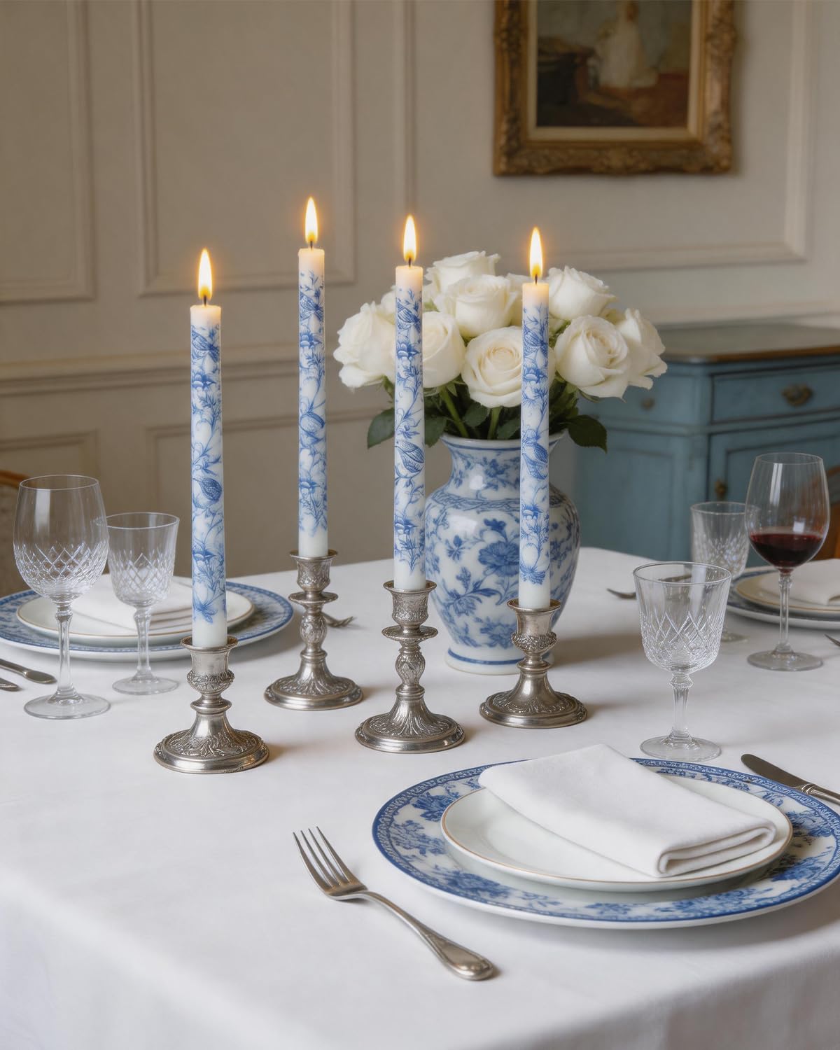 MAITREYA Chinoiserie Taper Candles Blue and White Chinoiserie Decor Candlesticks for Wedding Party Home Table Centerpiece Christmas Halloween Gifts-10Inch,4 Pcs,Bird