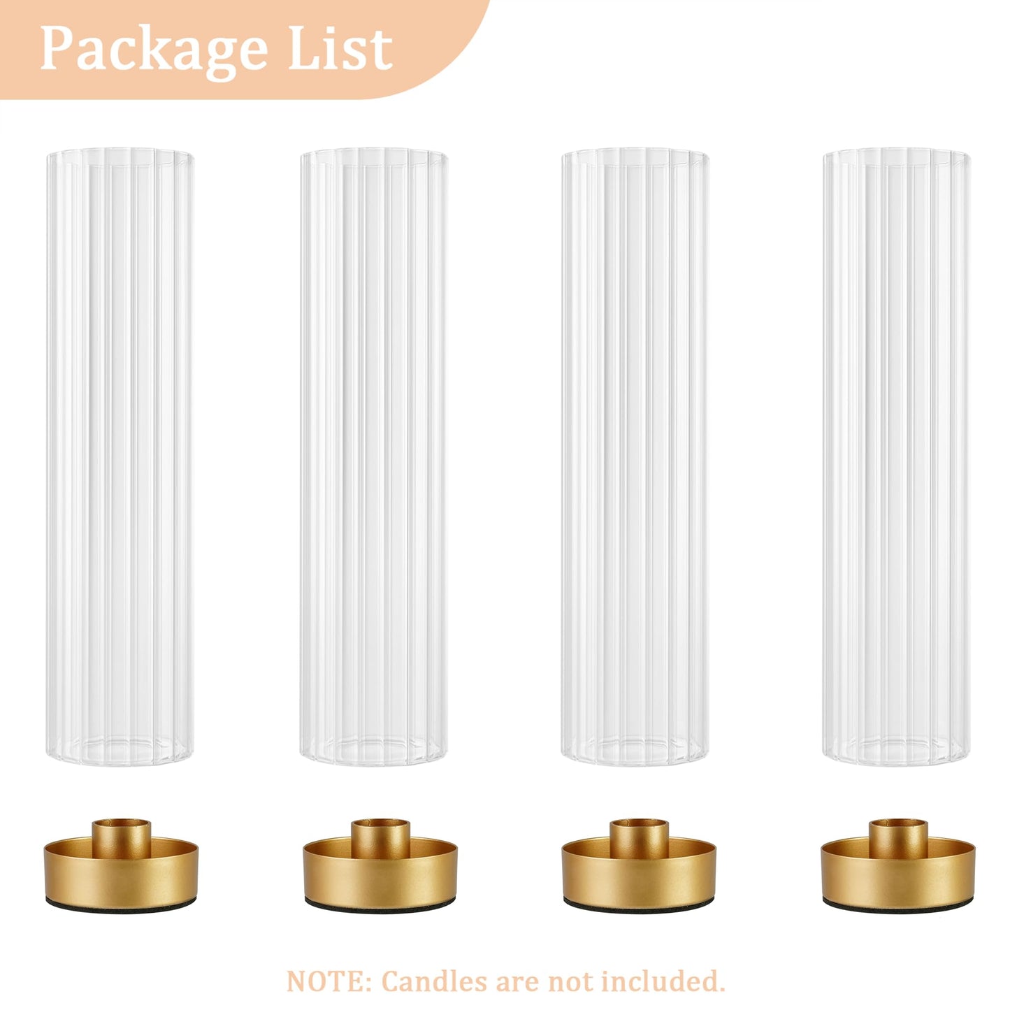 Hurricane Candle Holders Golden Taper Candle Sticks Holder, with 11" Thickened Glass Cylinder Covers Ribbed Candlesticks Holders Bulk Set of 4, Dining Table Centerpiece for Wedding