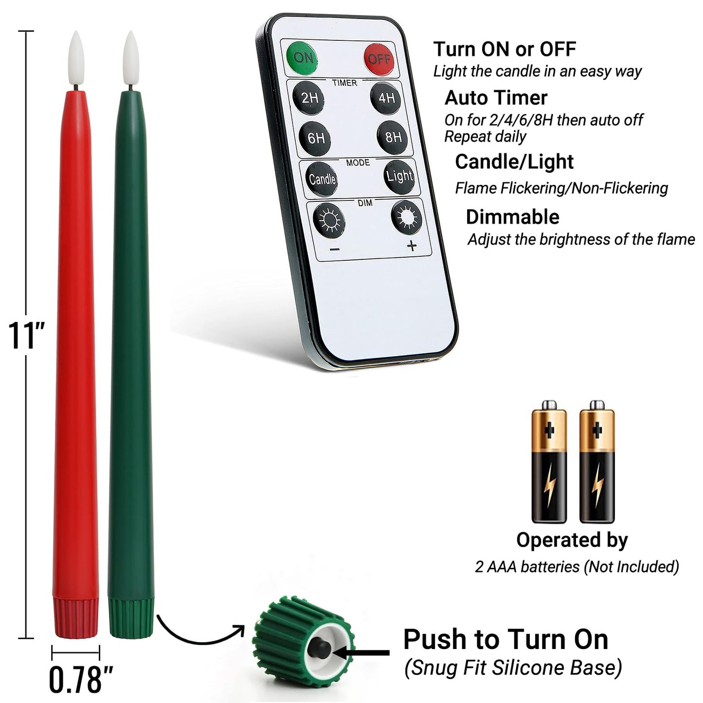 Stmarry Green and Red Flameless Taper Candles with Remote Control - 11 Inch LED Candlesticks Battery Operated, Realistic 3D Flame with Wick, Timer, 6 Pack Holiday Candles Christmas Decor