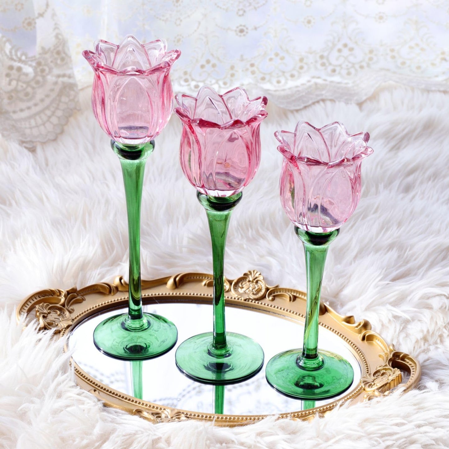 VOHO Pink Tulips Candle Holder, Romantic Pink Flower Votive Candle Holders for Wedding Bridal Shower Decorations, Tall Tealight Candle Holder Decor for Centerpiece Table(Set of3)