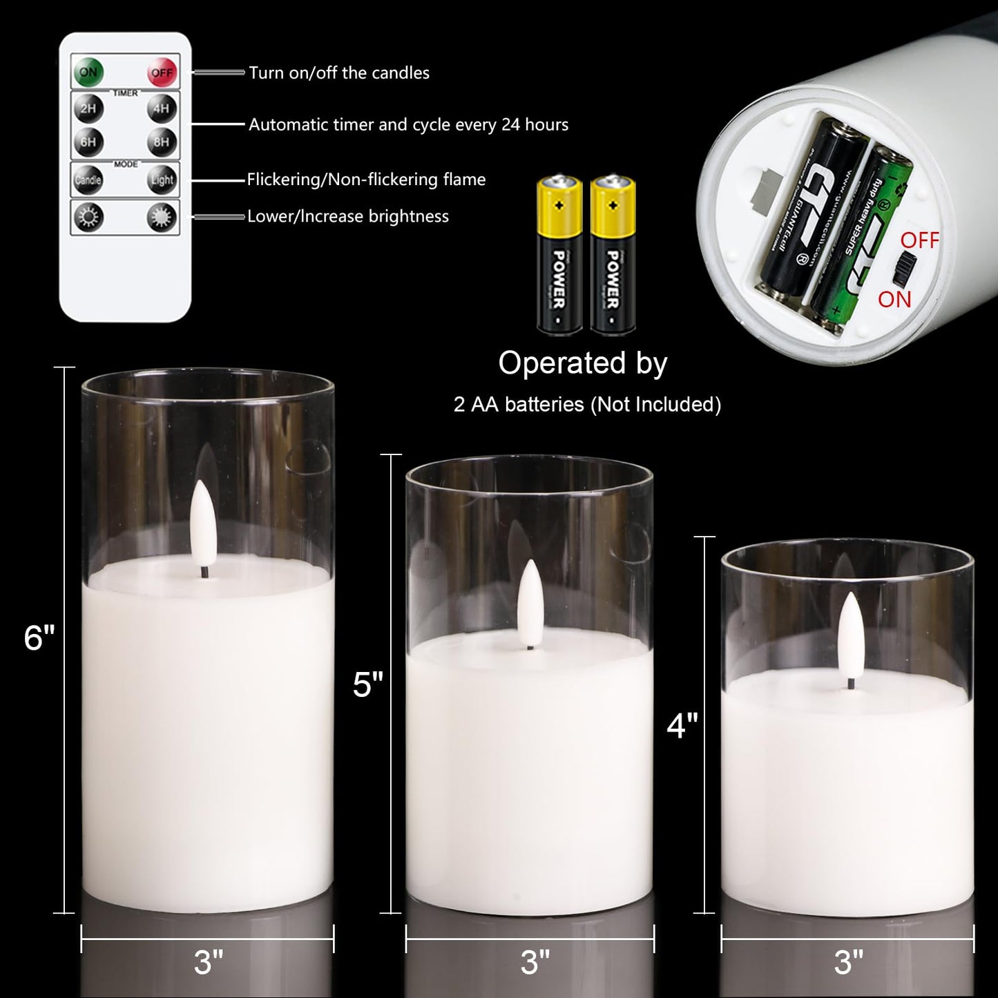 GenSwin Flameless Candles with Remote Timer, Clear LED Battery Operated Candles with Flickering Flame, Glass and Real Wax Pillar Candle Holiday Home Decor(Set of 3, D3”x4”5”6”)