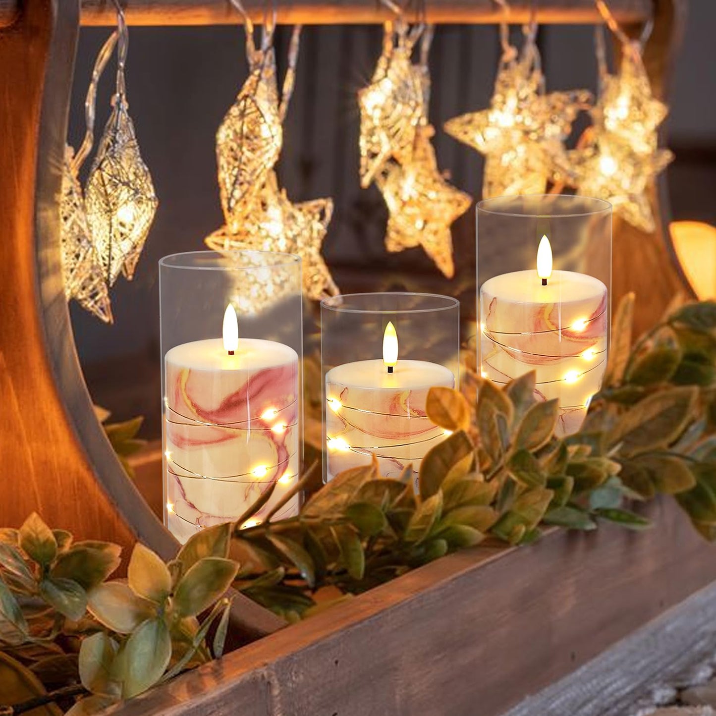 Flickering Flameless Candles Pink Marble Embedded Star String Lights, Battery Operated Acrylic LED Pillar Candles with 11-Key Remote and Timer for Home Decoration, 3 Pack