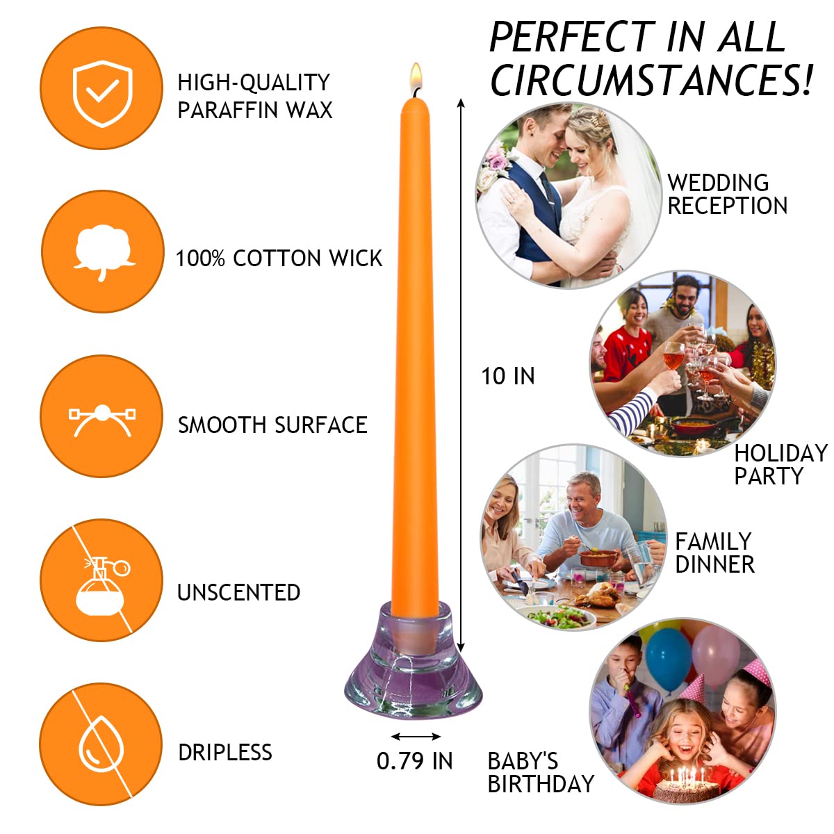 24 Pack Orange Taper Candles - Taper Candles 10 Inch Dripless, Smokeless & Unscented - 8 Hours Long Burning - Ideal for Halloween, Thanksgiving, Weddings, Dinner Parties, and Home Decor