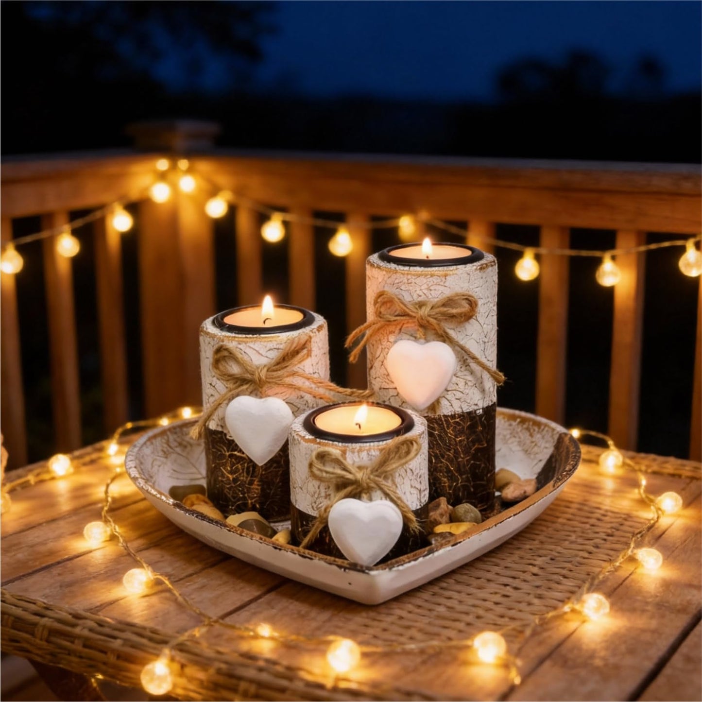 Wooden Tealight Candle Holders with Heart Tray, Rustic Farmhouse Candle Holders for Table Centerpiece Classic and Elegant Tea Light Holder Set for Valentines Day Wedding Anniversary Holiday Home Decor