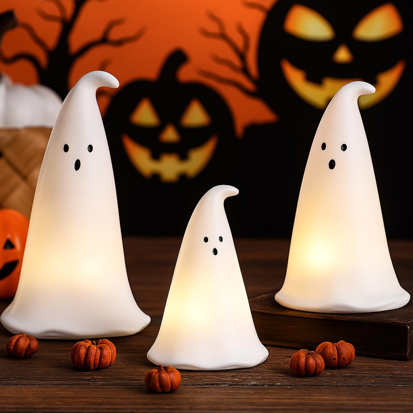 Colingmill Halloween Resin Ghost Figurine with 3 LED Tea Lights, Ghost Candle Holder Set of 3, Spooky Tabletop Indoor Halloween Light up Decor for Holiday Party, White Hollow Spooky Sculptures