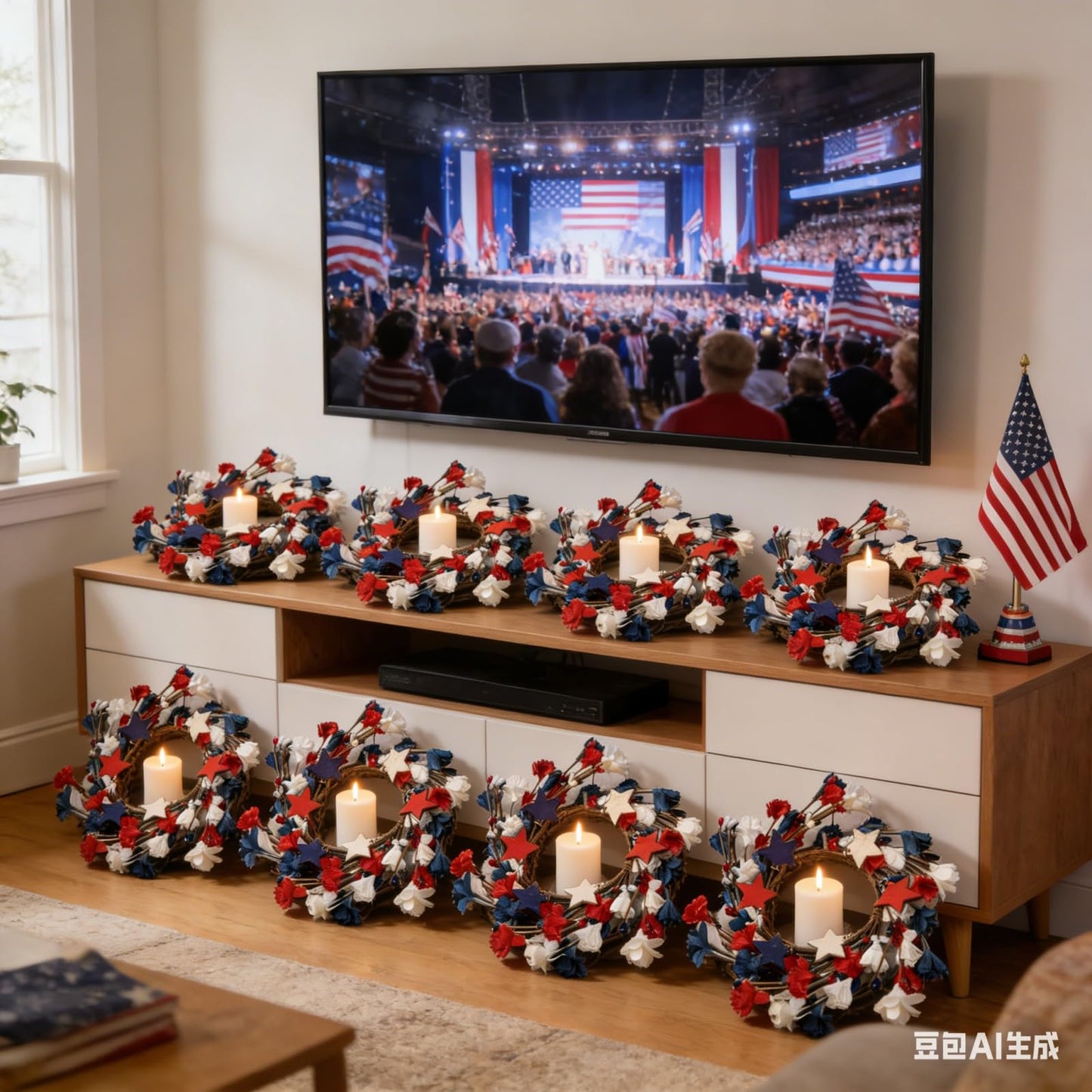 8 Pcs Mini 4th of July Candle Ring Wreaths Patriotic Red White and Blue Artificial Pillar Candle Holder Wreath for Farmhouse Independence Day Memorial Day Porch Front Door Cabinets Table Decoration