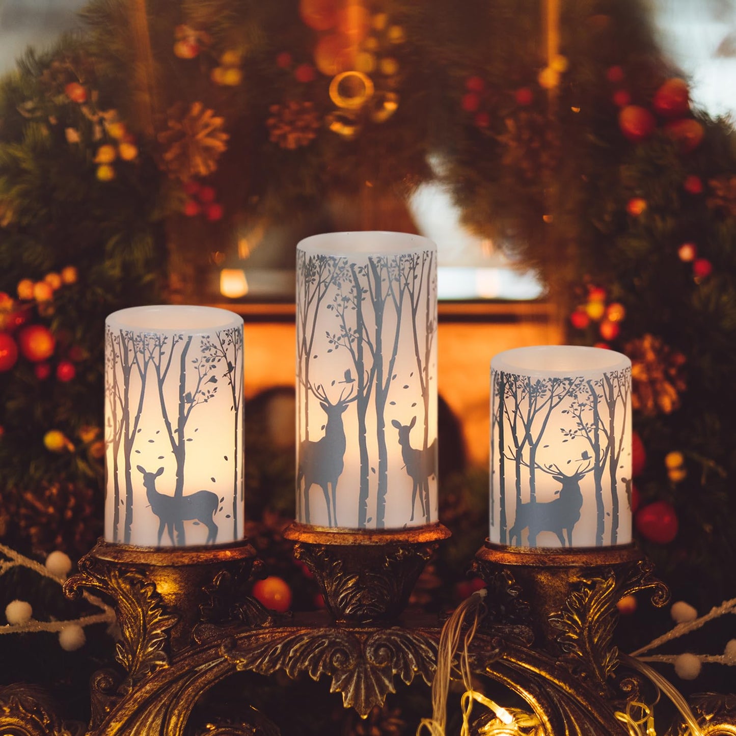 Eldnacele Christmas Flickering Flameless Candles with 6 Hour Timer, Silver Deer Decal Battery Operated Real Wax LED Pillar Candles Home Tabletop Holiday Decor(3Pcs,3×4/5/6 Inches)