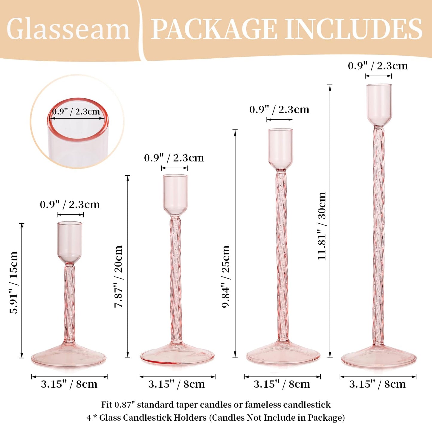 Glasseam Glass Candlestick Holders Pink: Set of 4 Tall Taper Candle Holders for Candlesticks Decorative Tapered Candles for Table Centerpiece Wedding Christmas Home Decor