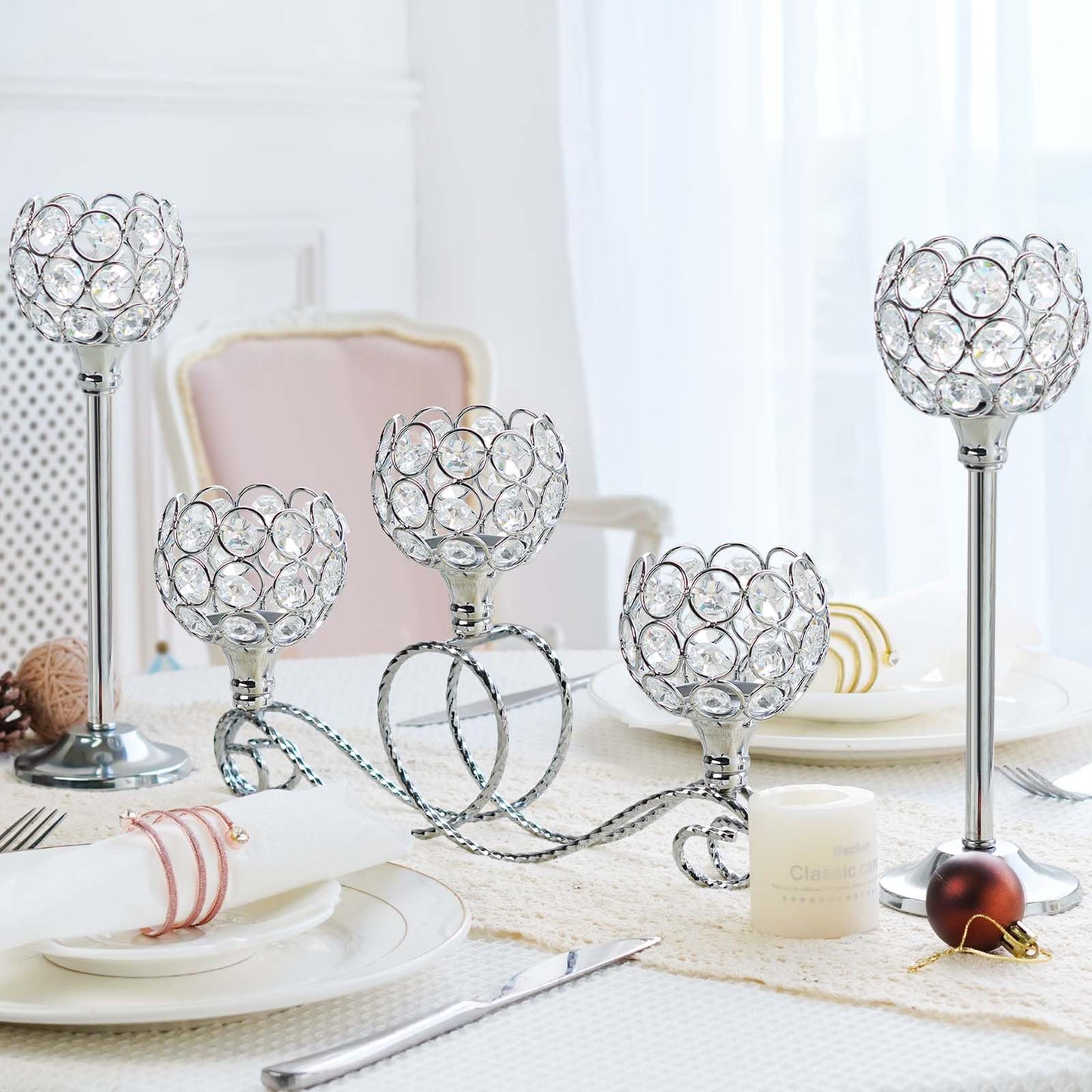 Silver 5 Arm Metal Crystal Tea Light Candle Holder, Elegant Wedding Table Centerpiece Candle Holder, Christmas Wishing Crystal Bowl Candle Holder Suitable for Wedding Party Living Room Decoration