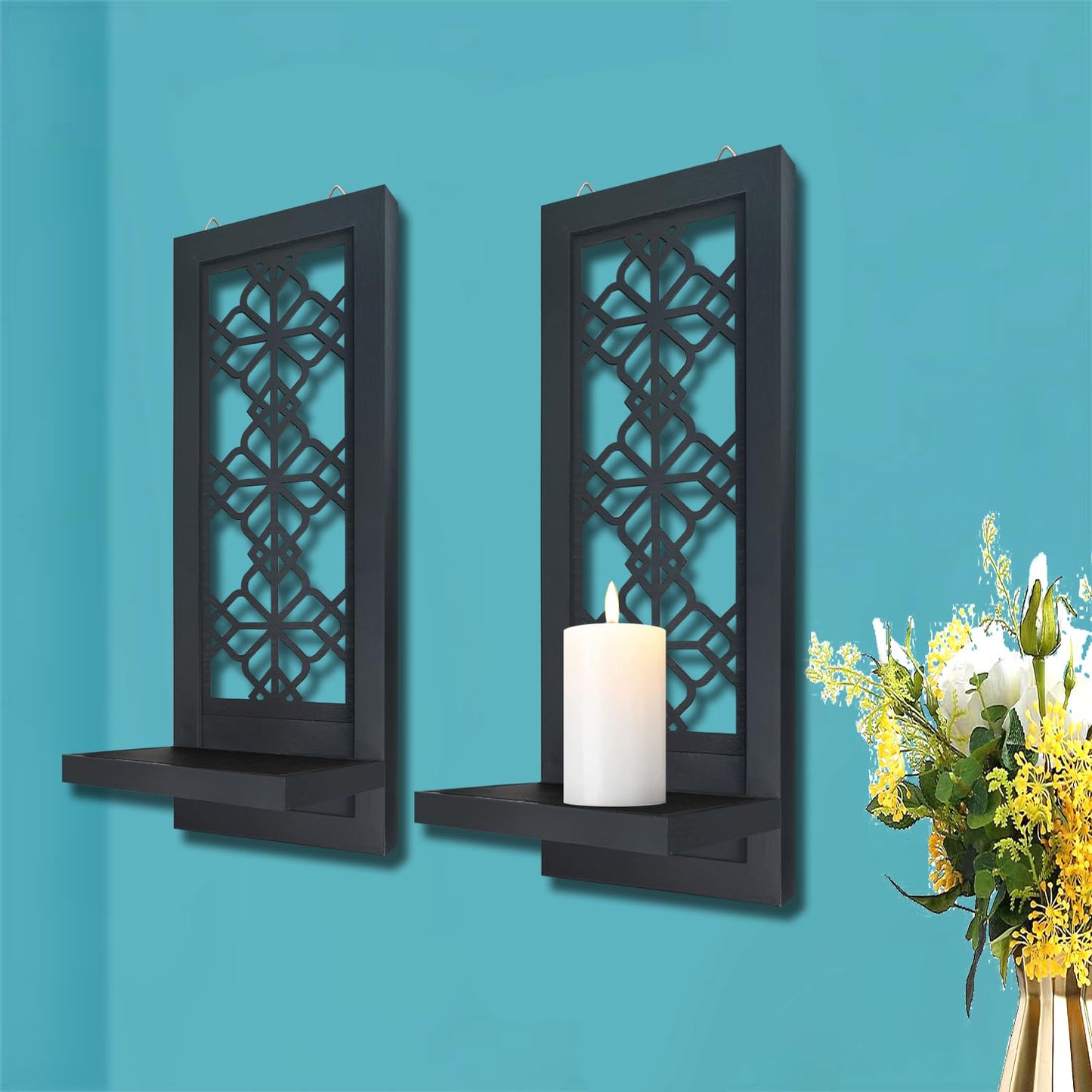 ZOLAPI Set of 2 Candle Sconces, Farmhouse Accent Wall Sconce, Black Candle Holder Wall Decorations for Home Décor, Living Room, Dining Room.(15 x6 in)