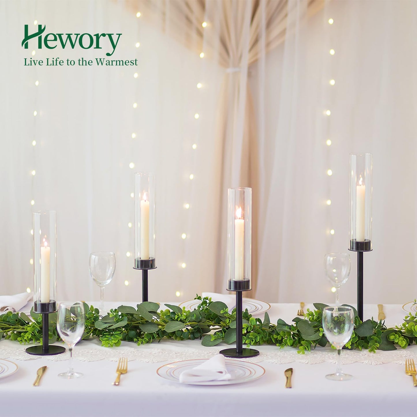 Hewory Black Candlestick Holders Hurricane Candle Holder, 3Pcs Candle Stick Candle Holder Candelabra, Taper Candle Holders with Glass Candle Cover for Wedding Table Centerpiece Christmas Decor