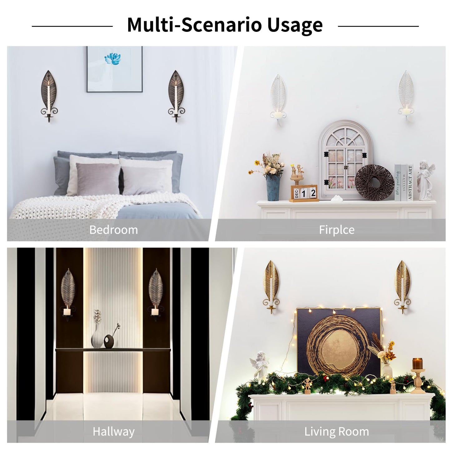 Leaf Shape Candle Holder Wall Set of 2,Wall Sconce with 2 Removable Trays,Gothic Antique Candelabra,Mounted Stylish Candlestick Holder Home Decor Candle Stand for for Living Rooms Hallways(Black)