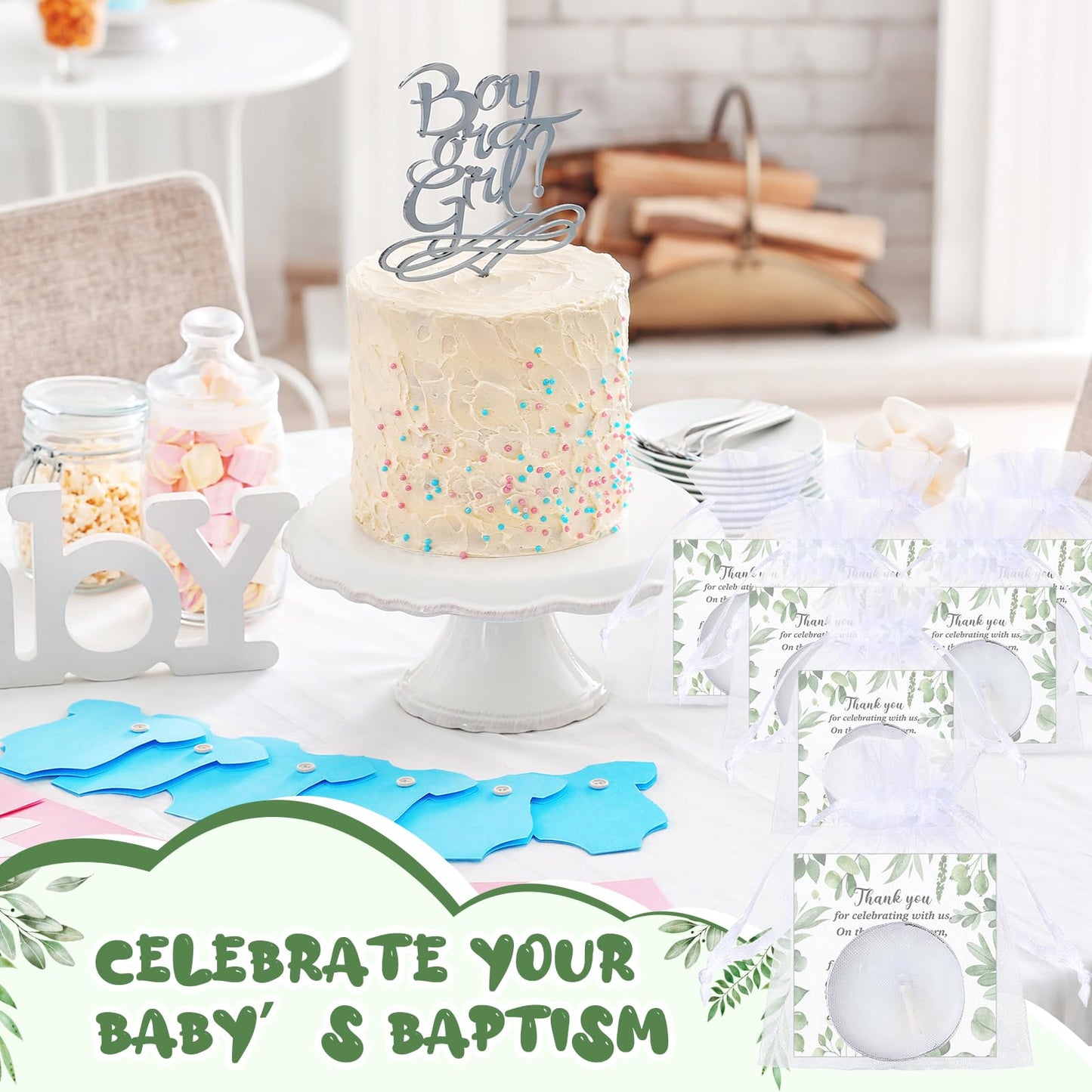 MTLEE 50 Sets Baby Shower Party Favors Candles Including 50 Pcs Tealight Candles Thank You Cards Baby Shower Bags for Guests Prizes Gender Reveal Party Decorations(White,Eucalyptus)