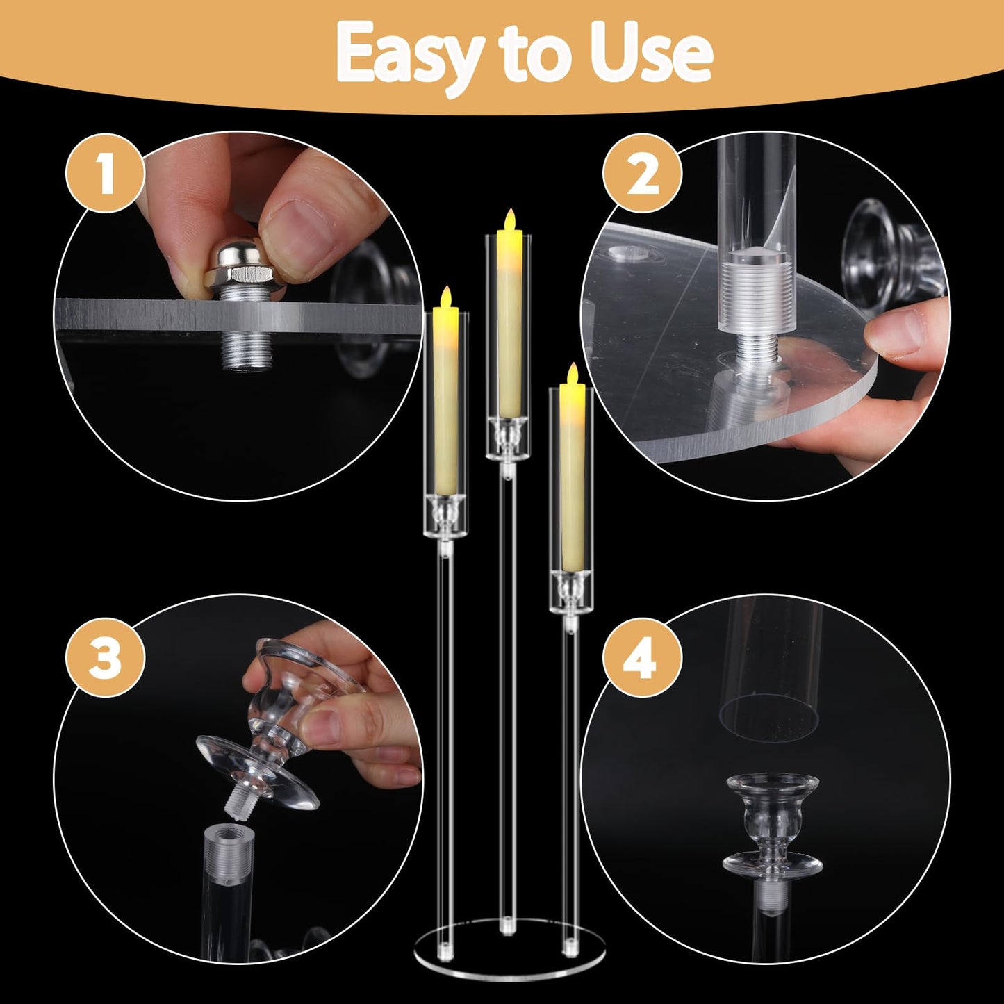 6 Set 3 Arms Acrylic Candelabras with Shades, 42" Floor Candelabra Centerpieces for Wedding Decorations,Clear Candle Holder for Table Decoration,Dinner Party,Candlesticks Holder Fits 0.87“LED Candle