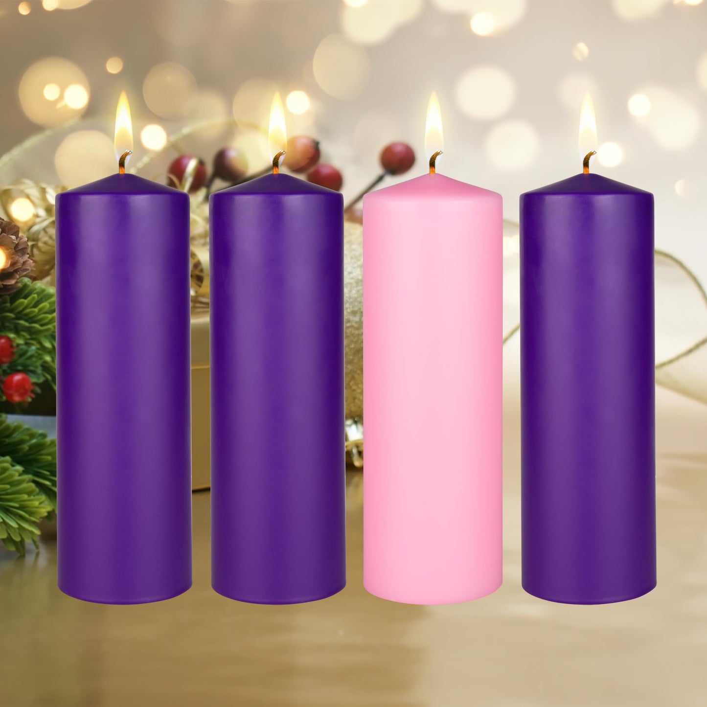 Mega Candles 4 pcs Unscented Christmas Advent Candles Set, Hand Poured Premium Wax Dome Top Round Pillar Candle 3 Inch x 9 Inch, Holidays, Festivities, Devotional, Church, Wreath, Party, Gifts