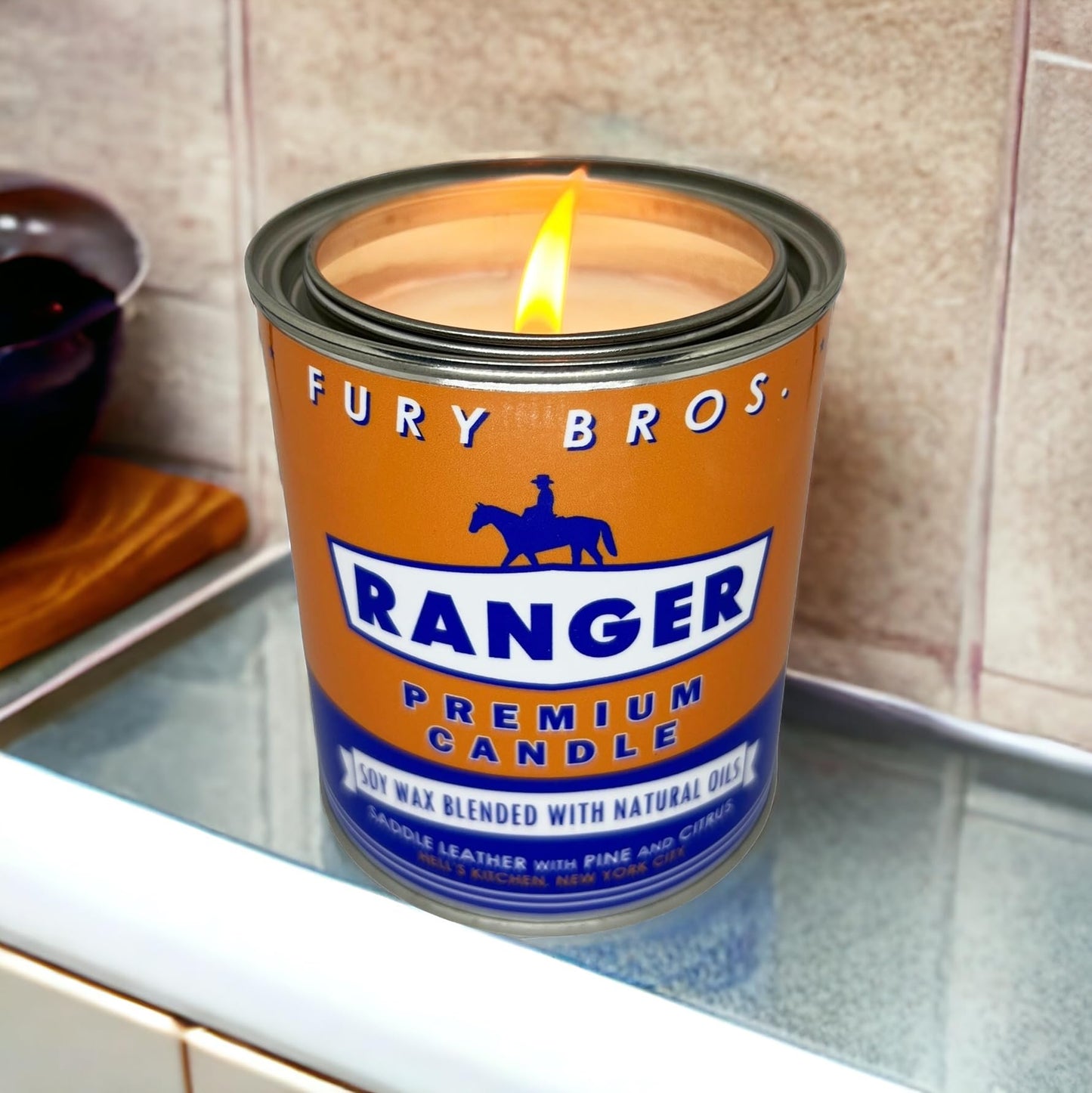 Fury Bros. Scented Candles for Men | Ranger | Saddle Leather Pine Citrus | Natural Soy Wax | Hand-Poured in the USA | Long 70-80 Hour Burn (12.5 oz) | Vintage-Inspired Tin Design | Dad Home Gift