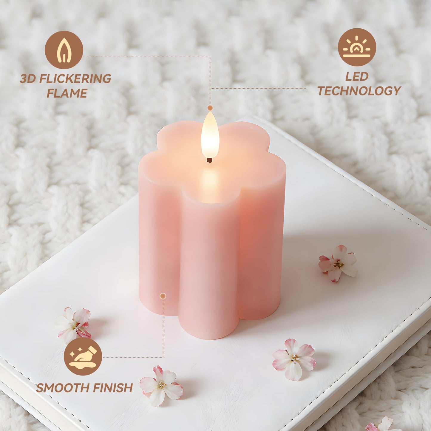 Velsyn Pink Flower Flameless Candles with Remote and Timer Real Wax Made LED Pillar Candles Battery Operated with 3D Flickering Flame Indoor Use Spring Decor, 3" x 4",5",6", Set of 3