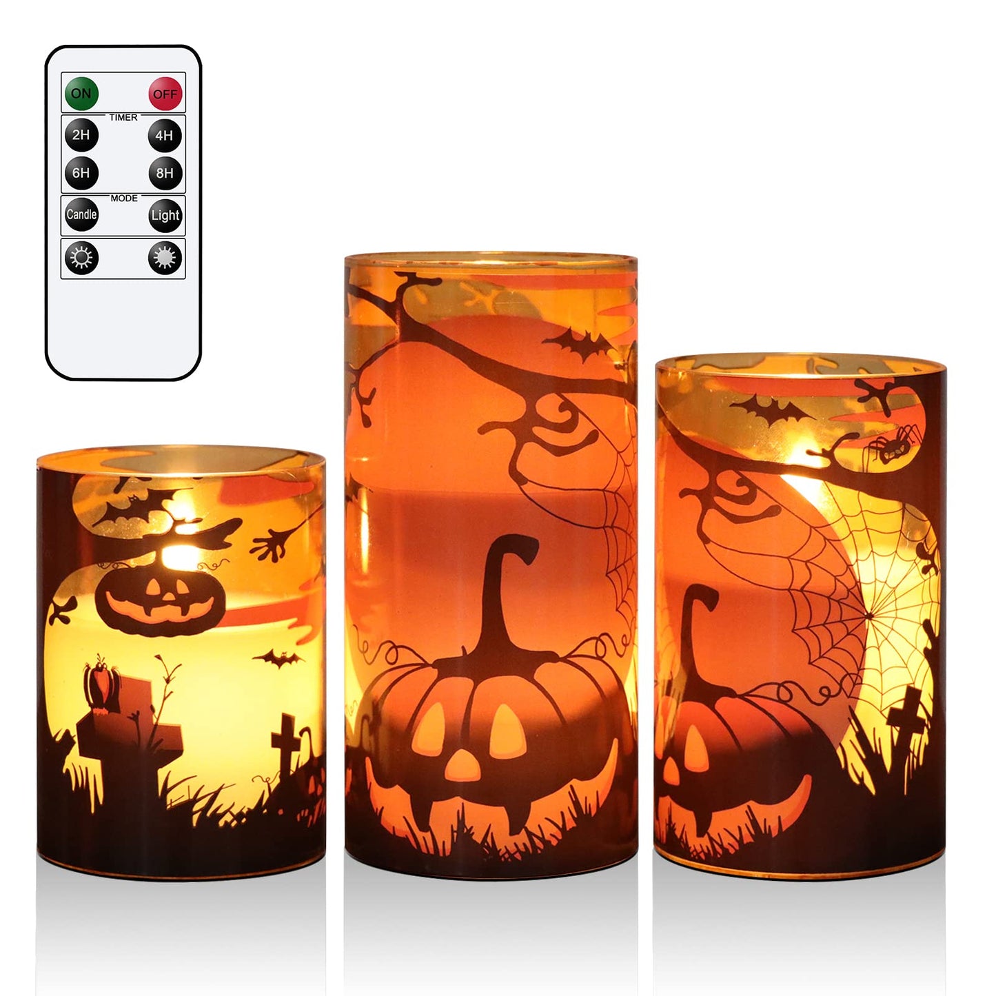 Eldnacele Halloween Flameless Candles with Remote Pumpkin, Spider Web Decal and Castle Decals Battery Operated Real Wax Flickering Glass Pillar Candle for Spooky Halloween Decor 3 Pack