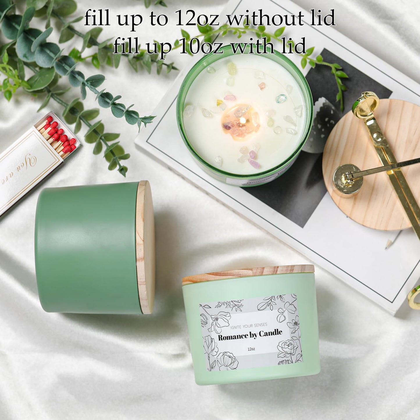 6Pcs Assorted Green Candle Jars for Making Candles, 12oz Empty Candle Jars with Bamboo Lids,Labels and 100g Crystal Rocks, Glass Jars for Candle Making Supplies, Candle Containers for DIY Gifts