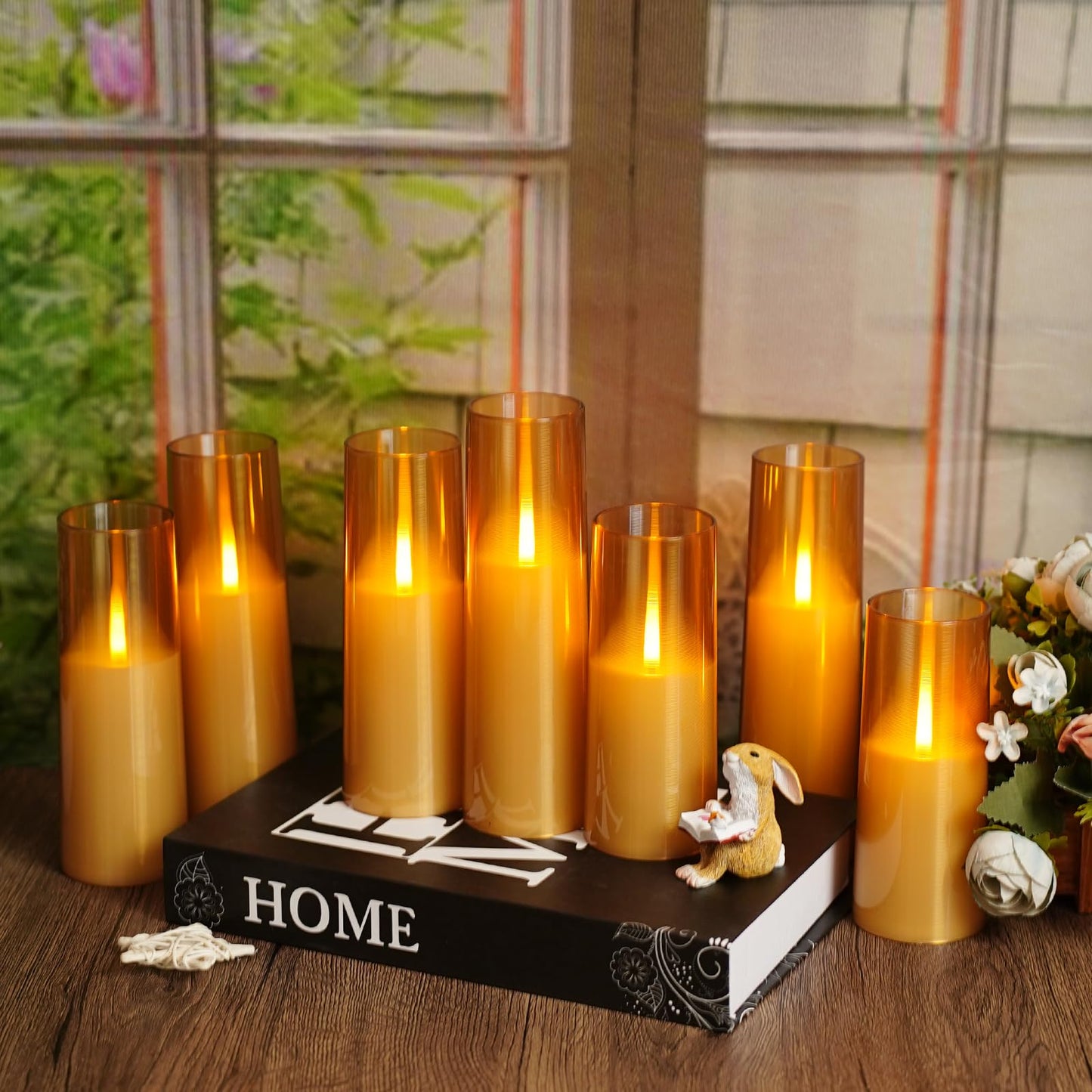 kakoya Flameless LED Candles Upgraded Realistic Flickering Flame,7Pcs Battery Operated Candles with Remote Timers,LED Pillar Candles for Home Decor,Christmas,and Parties(Gold)
