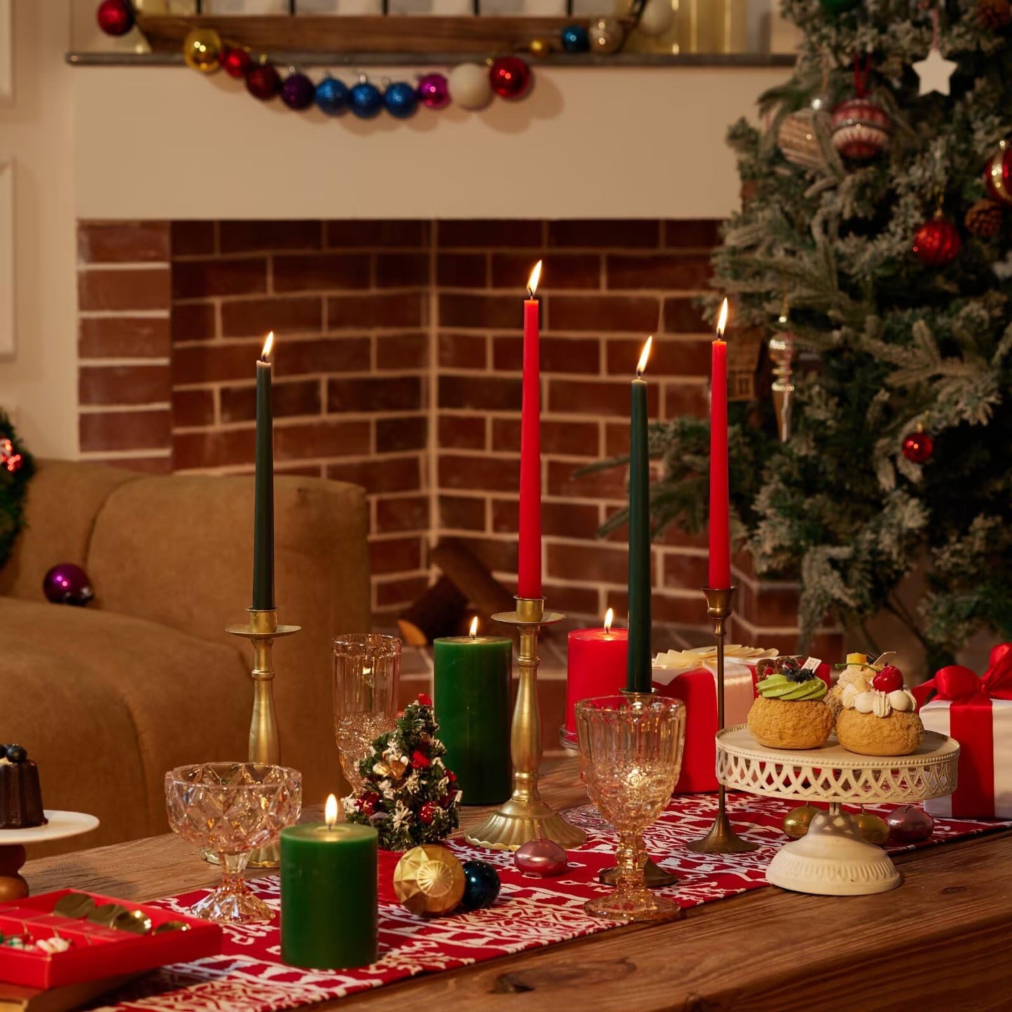 Pickood 10-Inch Tall Dripless Taper Candles Set of 12 - Red and Green Tapered Candles, Perfect for Christmas - Smokeless, Unscented, Long Burning - Hand Poured, Colored Tall Candlesticks - Christmas