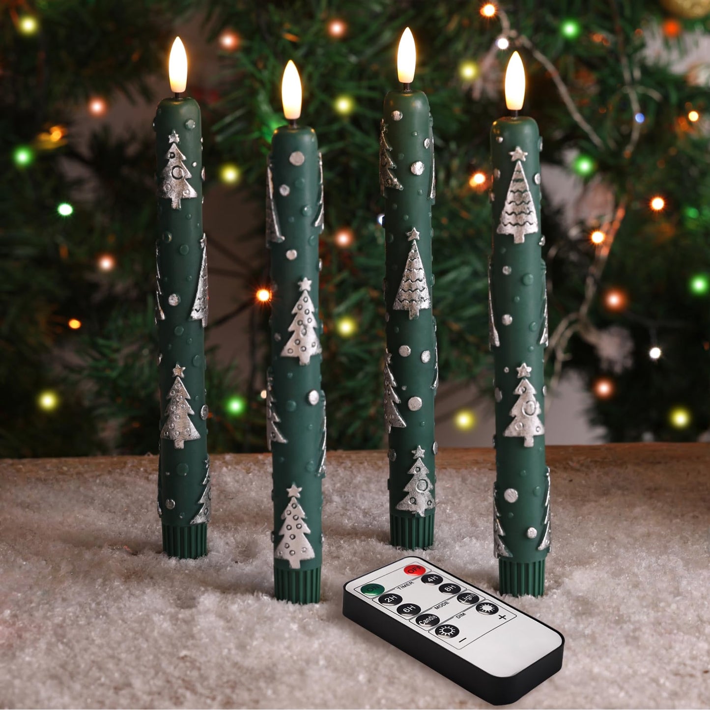 Eywamage Green Christmas Tree Flameless Taper Candles with Remote, Flickering LED Wax Candlesticks Set of 4