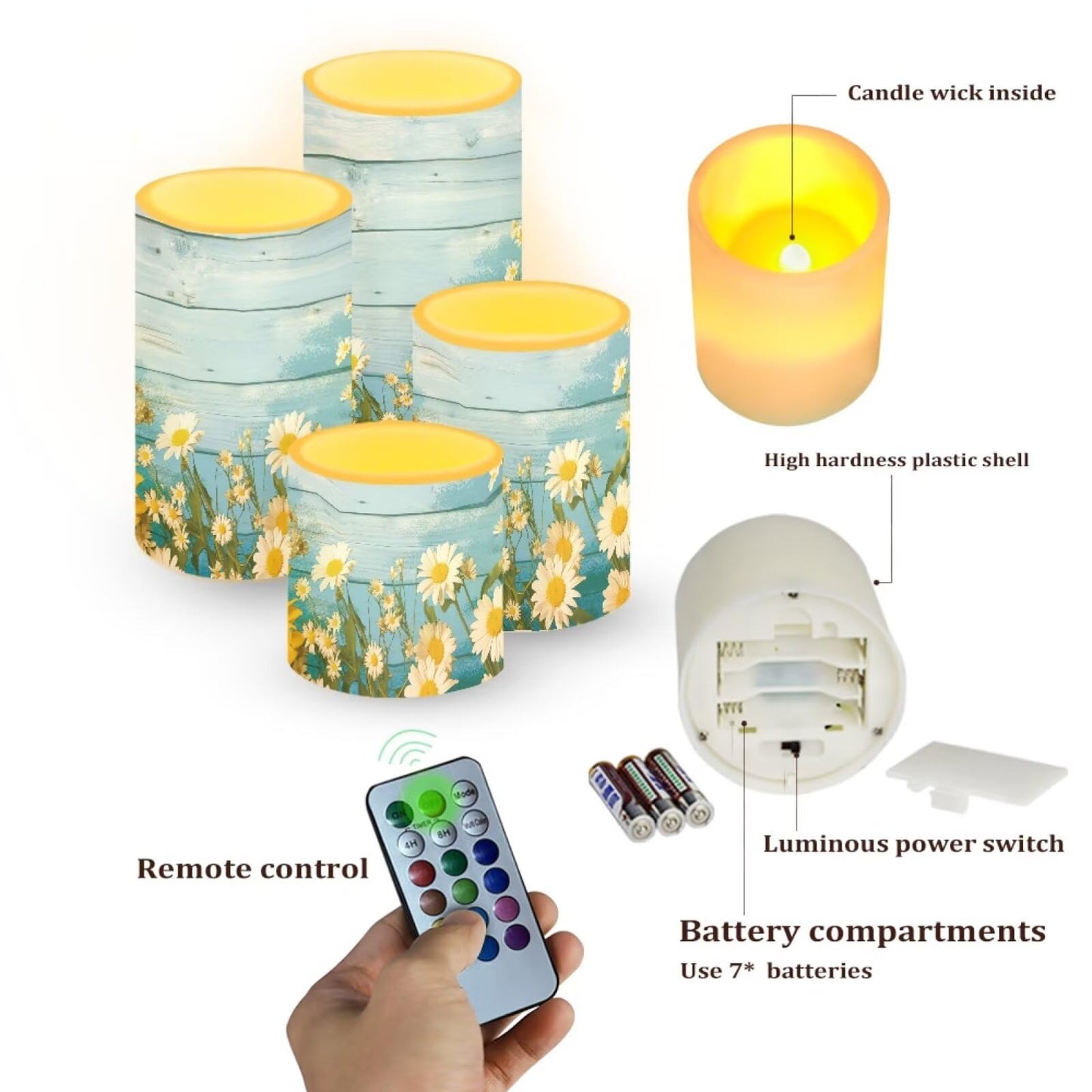 NETILGEN Blue Daisy Flower Flameless LED Candles with Remote Timer Control, Color Changing Flickering Pillar Candles Battery Operated