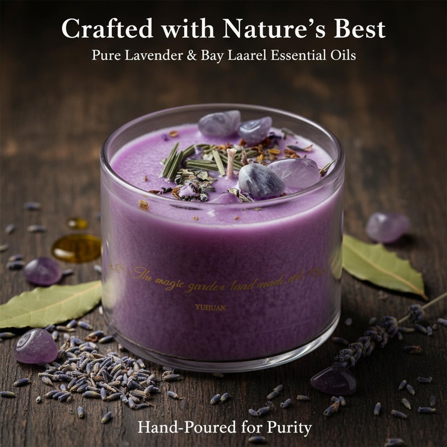 Coytlykne 4oz Crystal Candle with Dried Flower, 2.76x1.97 Inches Herbal Scent Jar Candles, Home Decoration & Heartfelt Present for Women Men (Purple)