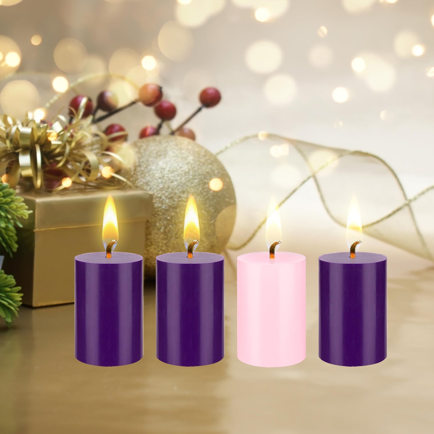 Mega Candles 4 pcs Unscented Christmas Advent Candles Set, Hand Poured Premium Wax Round Pillar Candle 2 Inch x 3 Inch, Holidays, Occasions, Events, Festivitiess, Devotional, Church, Wreath, Gifts