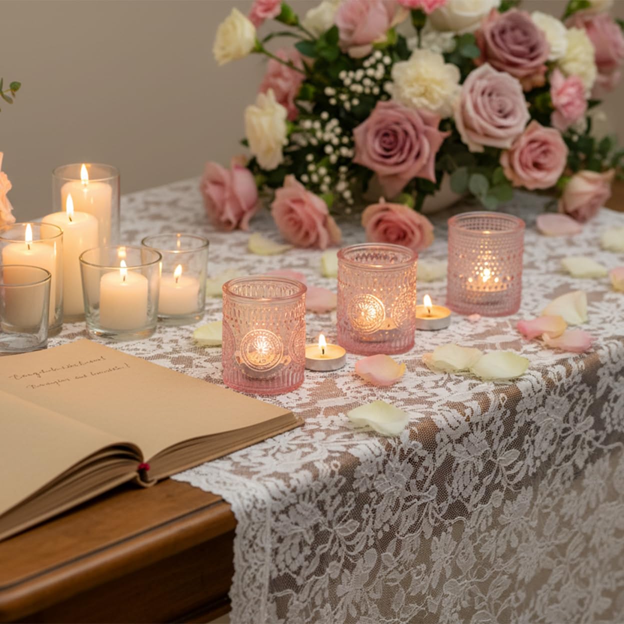 LETINE Set of 16 Pink Votive Candle Holders, Glass Tea Light Candle Holder with 4 Retro & Floral Patterns, Decorative Candle Holders for Parties, Spring Summer Wedding Table Centerpieces & Home Decor