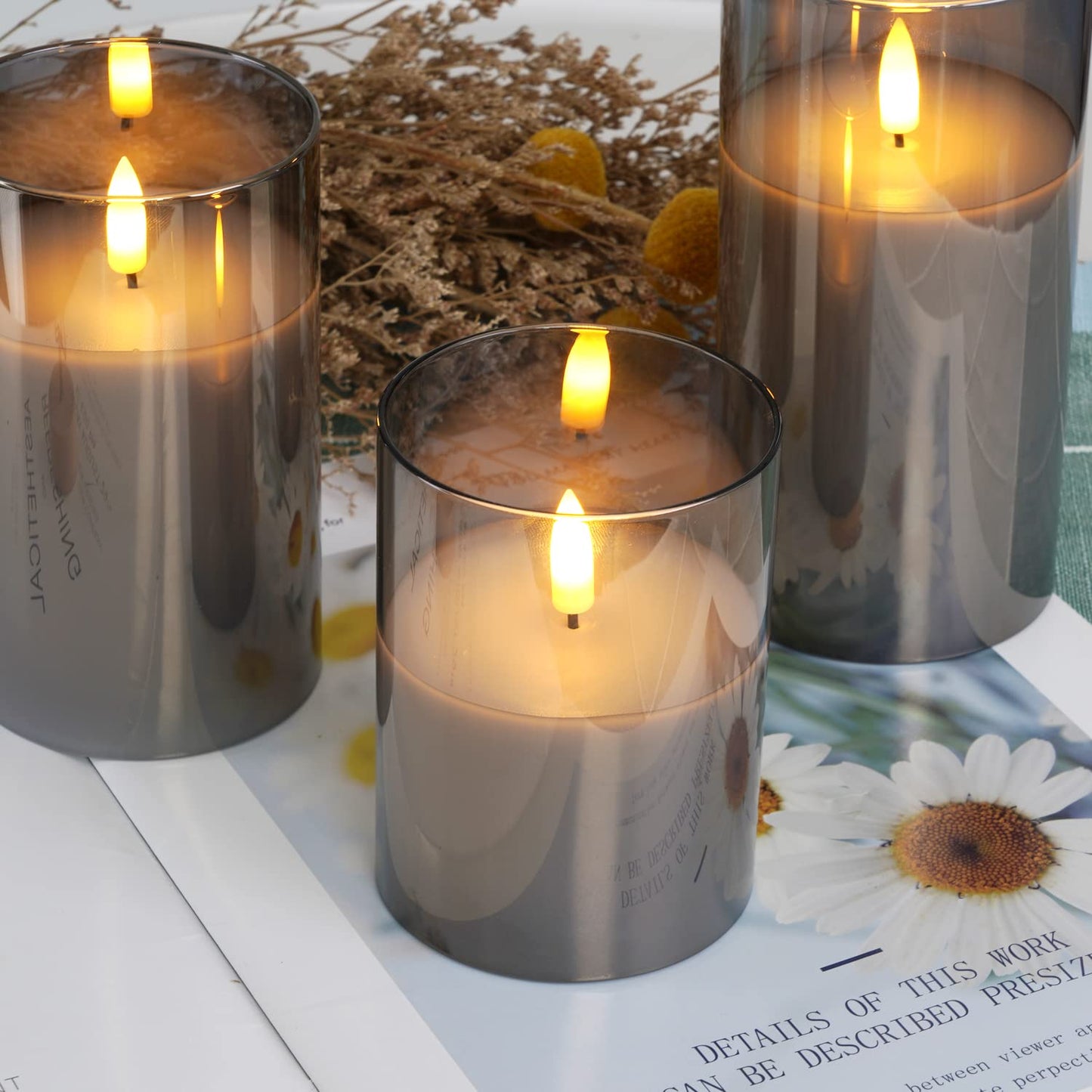 Amagic Grey Glass Flameless Candles, Halloween Battery Operated Candles, LED Pillar Candles with Remote Control and Timer, Electric Fake Candles for Holiday Spooky Decor, Wax, D3 H4 5" 6", Set of 3