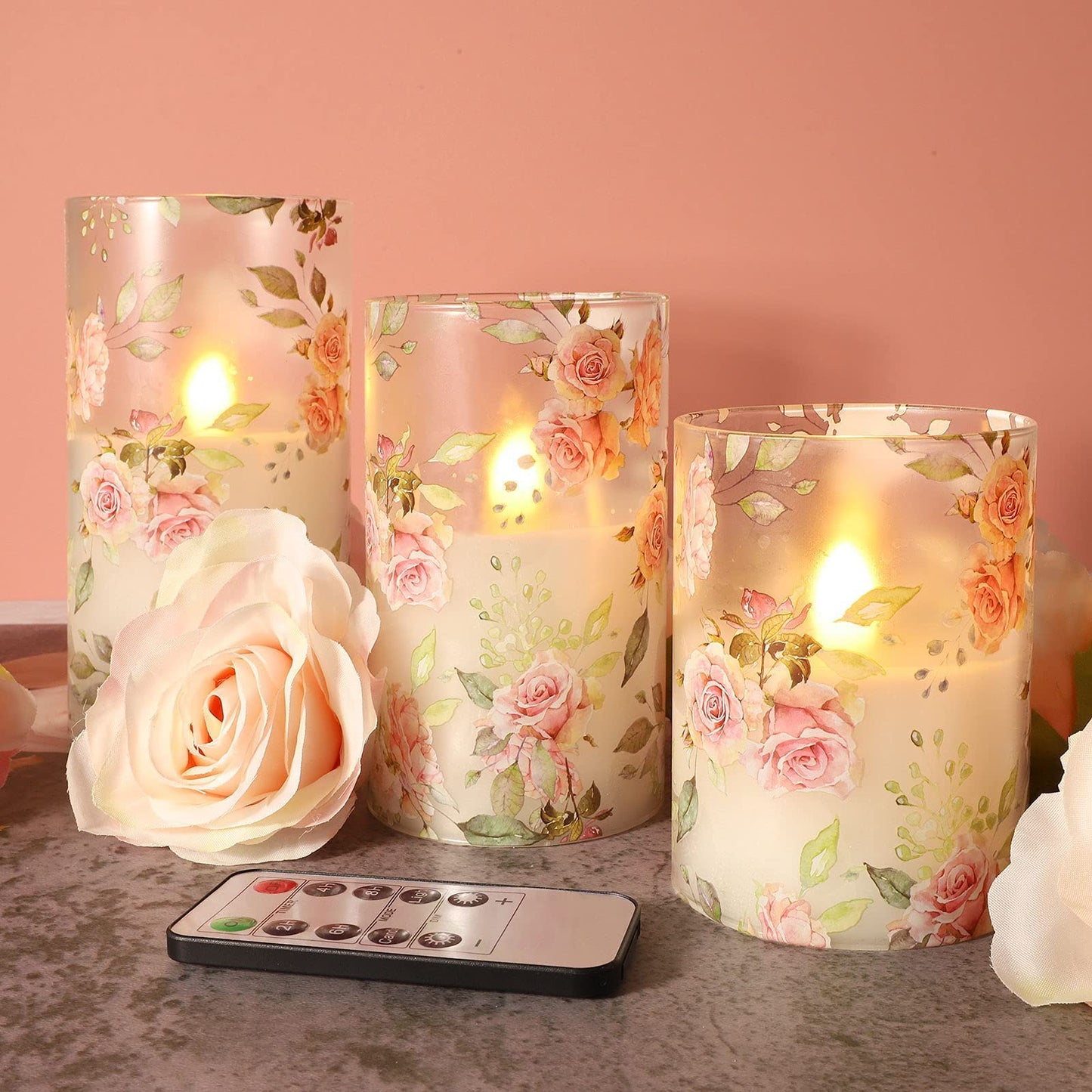 MELTONE Rose Flameless Candles Love Theme Glass Pink LED Candles with Remote - Home Wedding Bedroom Room Christmas Valentine's Day Decor - Set of 3