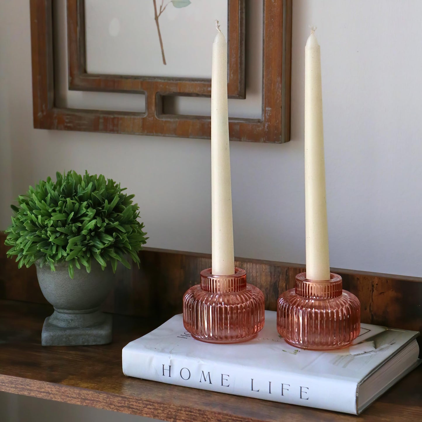 Kate Aspen Rose Gold Taper Candle Holders for Candlesticks Set of 4, Ribbed Glass Candlestick Holders, Votive Candle Holder Decor Accents, Pink Room Styling, Wedding & Home Centerpieces, Table Decor