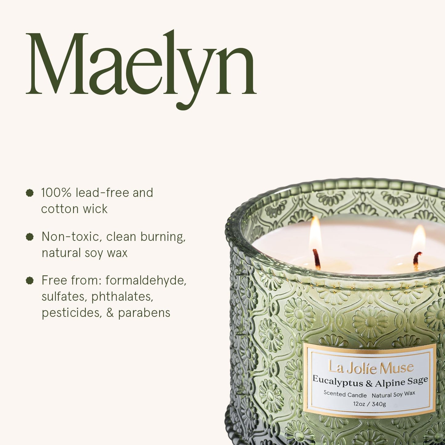 LA JOLIE MUSE Eucalyptus & Alpine Sage Scented Candle | Eucalyptus, Sage, Lavender | 12 oz Double Cotton Wick Soy Candle | 60 Hours Clean Burn | Daily Relaxation & Cozy Ambiance | Elegant Home Decor