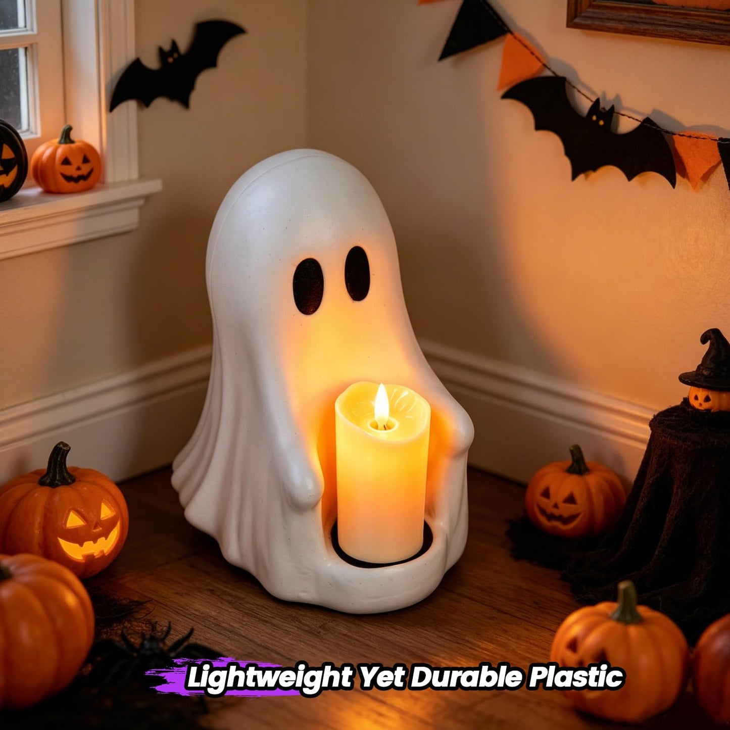 Halloween Ghost Candle Holder with Flickering Candle Effect, Spooky Cute Ghost Decor, Plastic Tabletop Decoration for Halloween Party Home